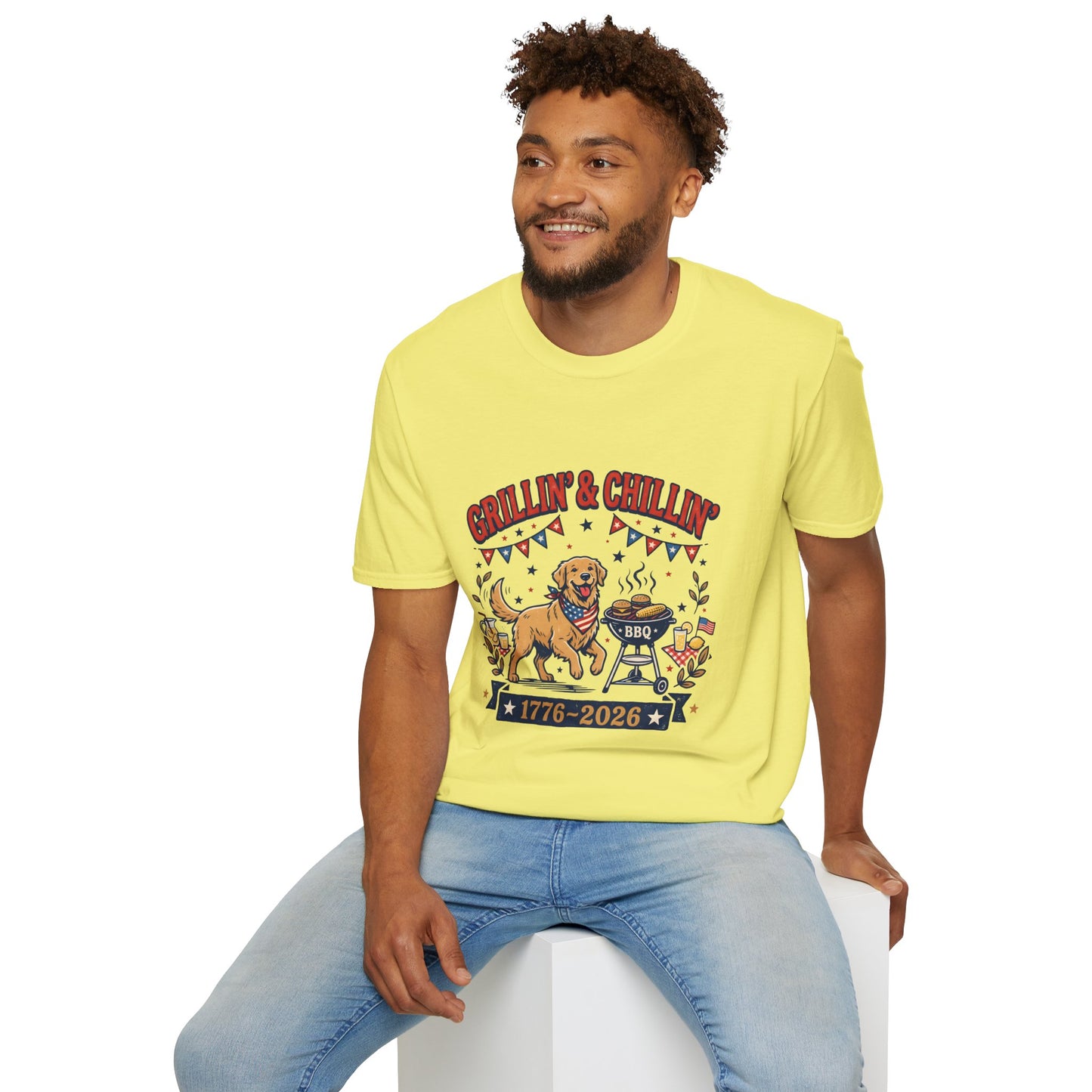 Grillin' & Chillin' BBQ Dog T-Shirt — 1776-2026 Patriotic Summer Tee, 4th of July Shirt, Independence Day Tee