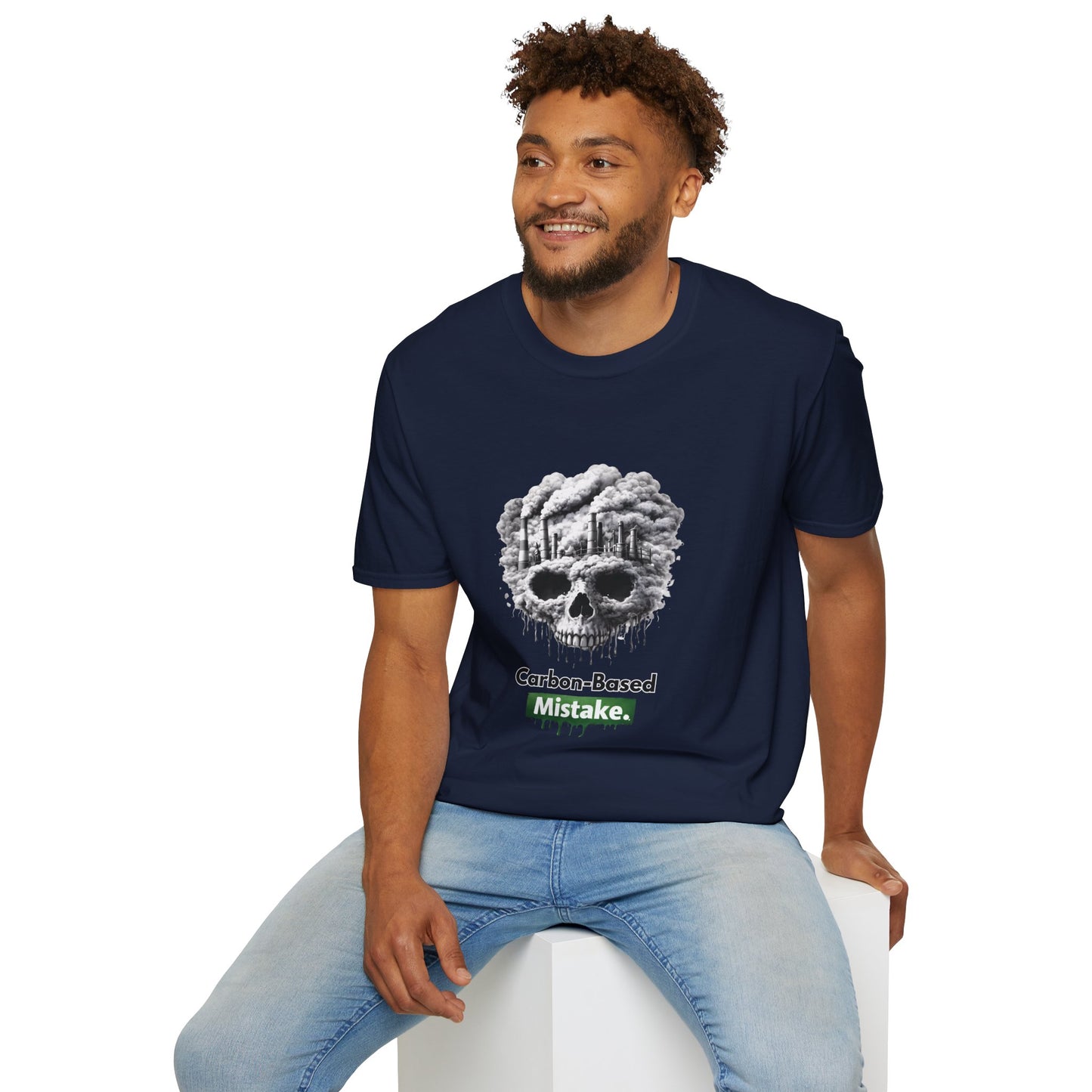 Carbon-Based Mistake Skull T-Shirt — Dark Humor Graphic Tee for Earth Day