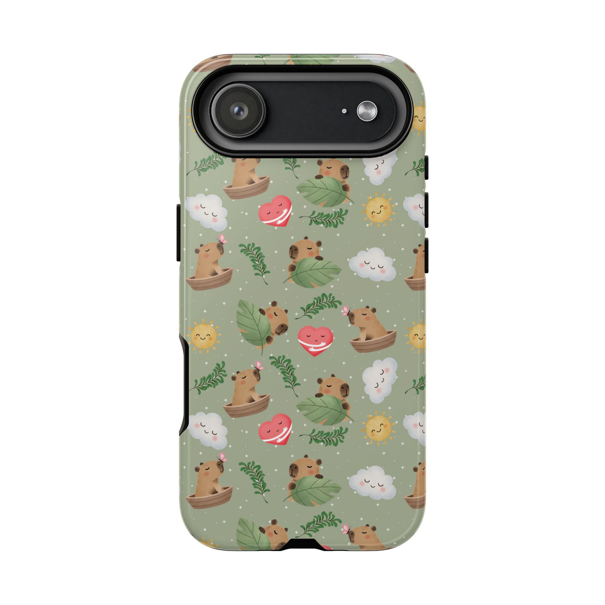 Cute Capybara Pattern Phone Case — Green Botanical Tough Case