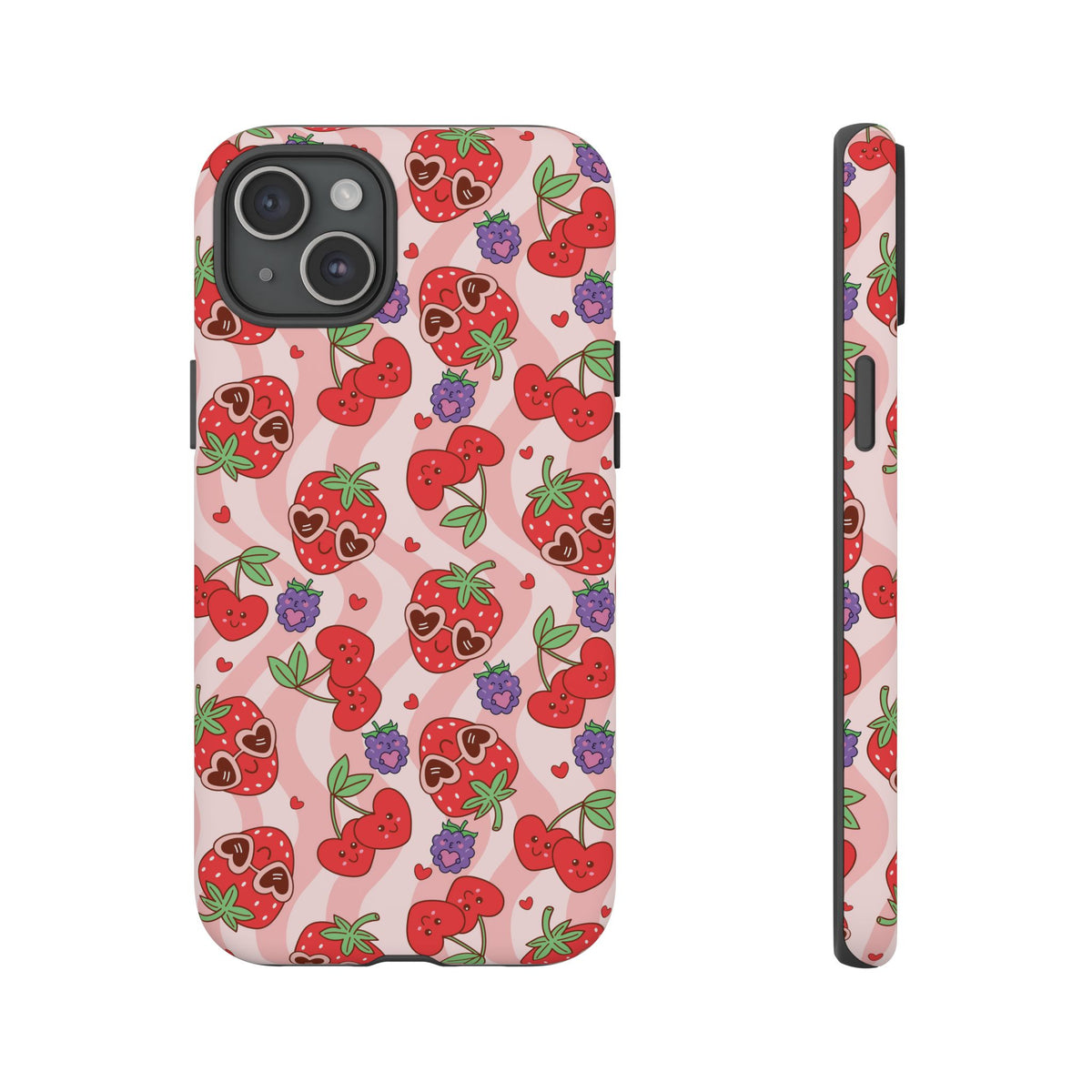 Cute Kawaii Strawberry & Cherry Phone Case — Pink Fruit Pattern Protective Case
