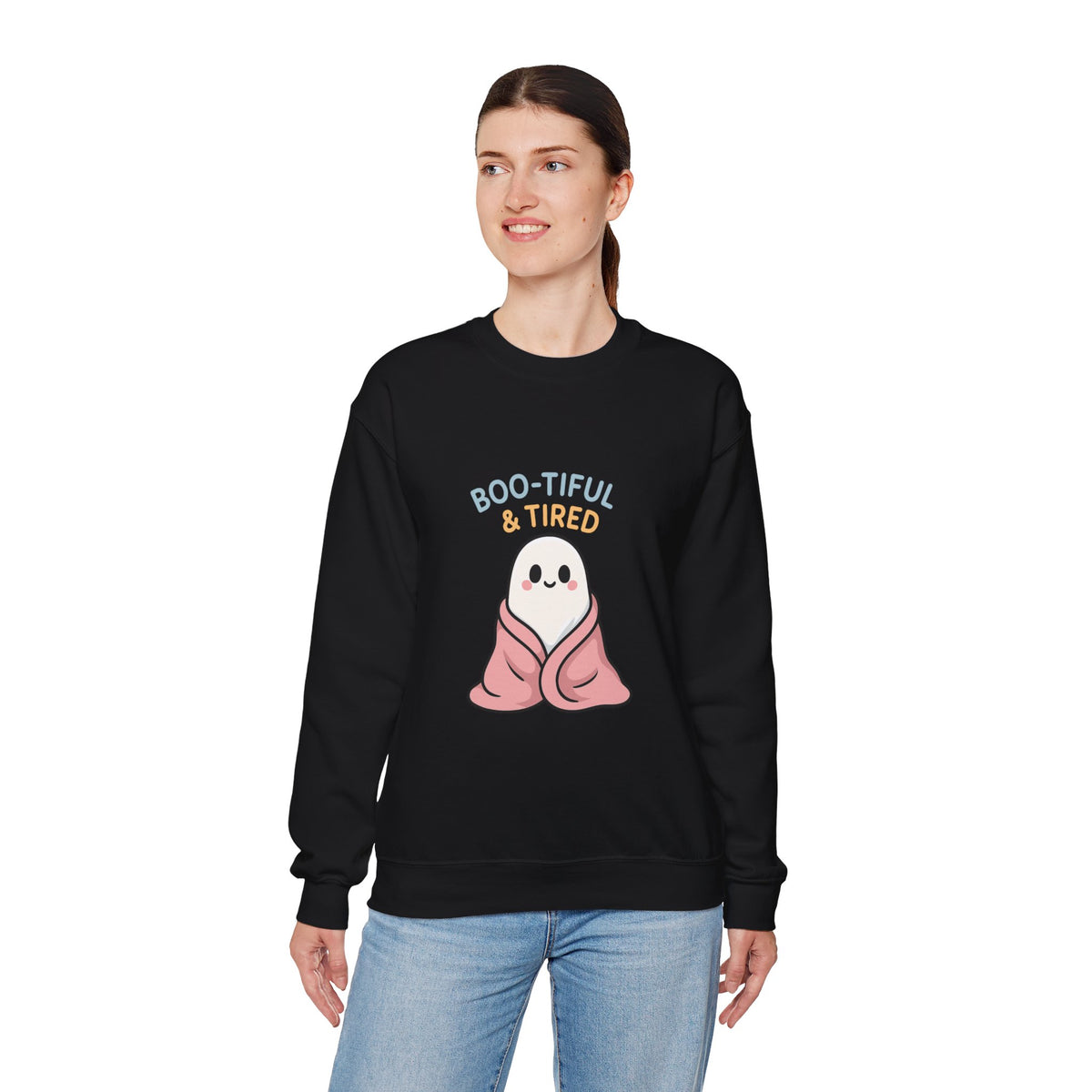 Boo-tiful & Tired Sweatshirt, Halloween-Themed Design