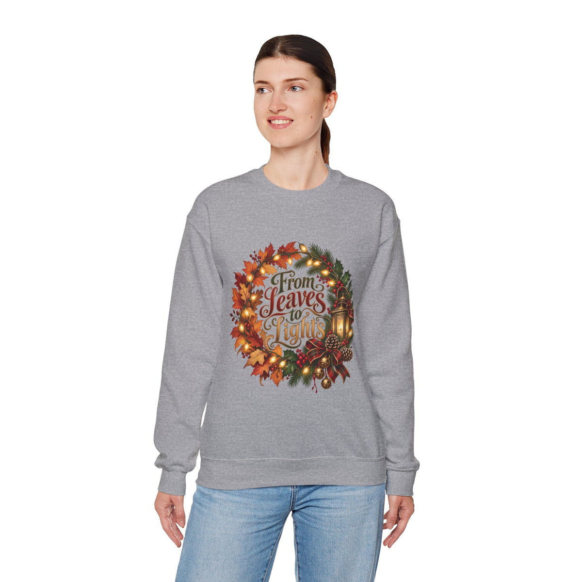 Christmas Crewneck Sweatshirt — "From Leaves to Lights" Autumn to Holiday Wreath Design