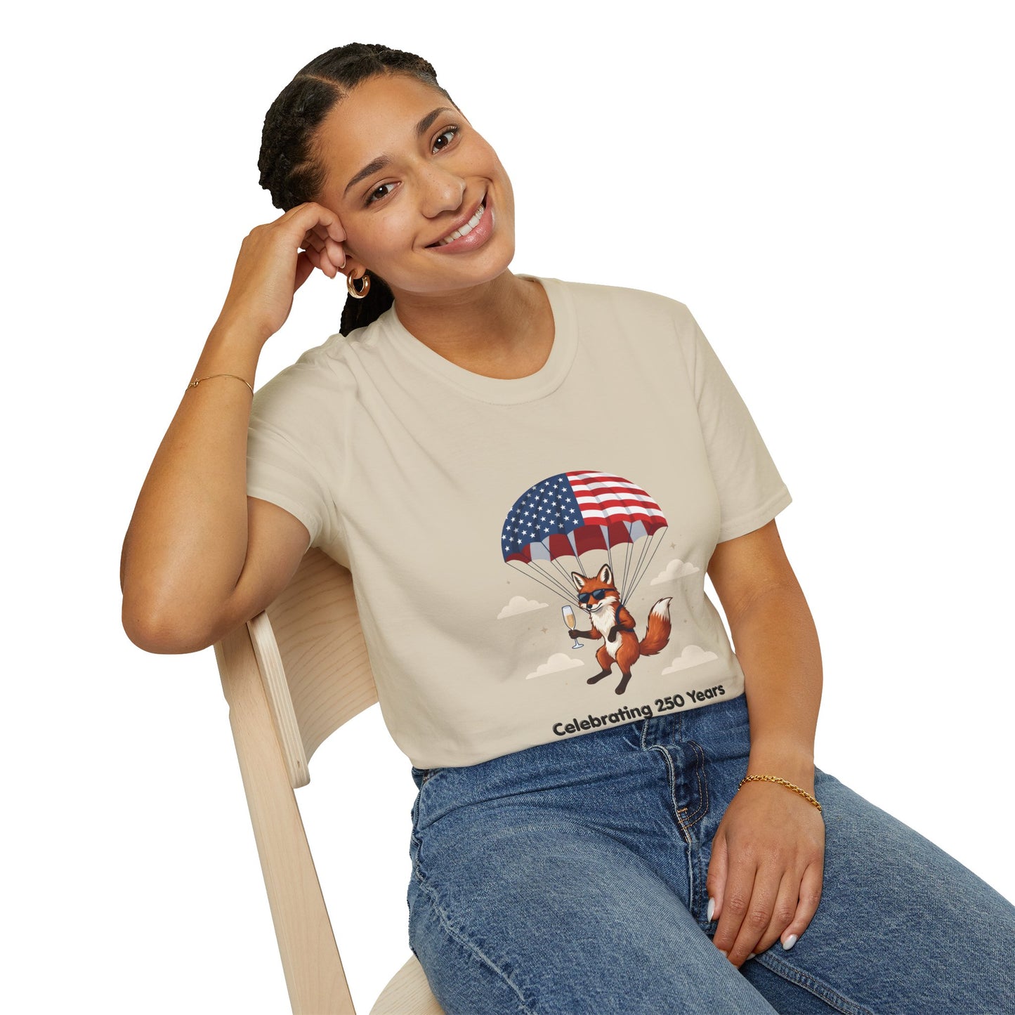 Patriotic Fox Parachute T-Shirt — "Celebrating 250 Years" Anniversary Tee