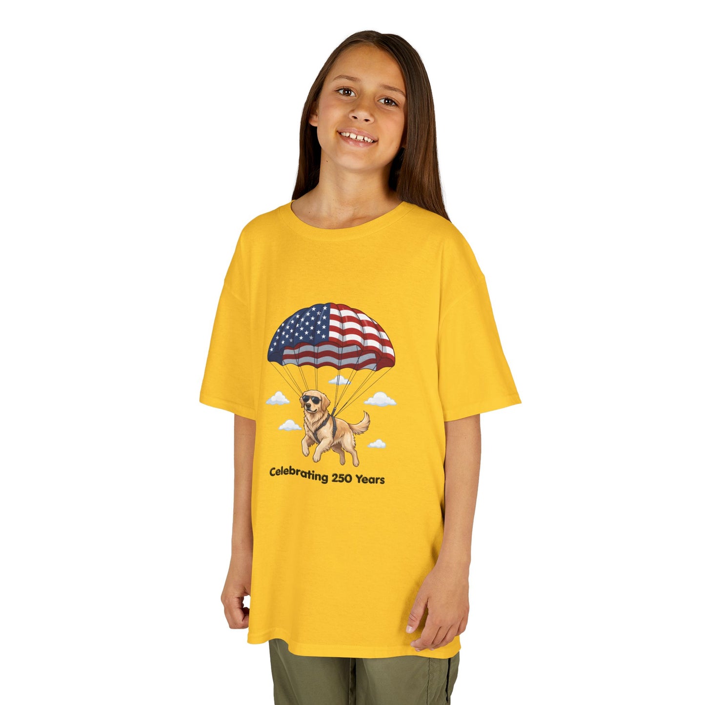 Kids Tee — Dog with Parachute, "Celebrating 250 Years" (Patriotic Fourth of July)