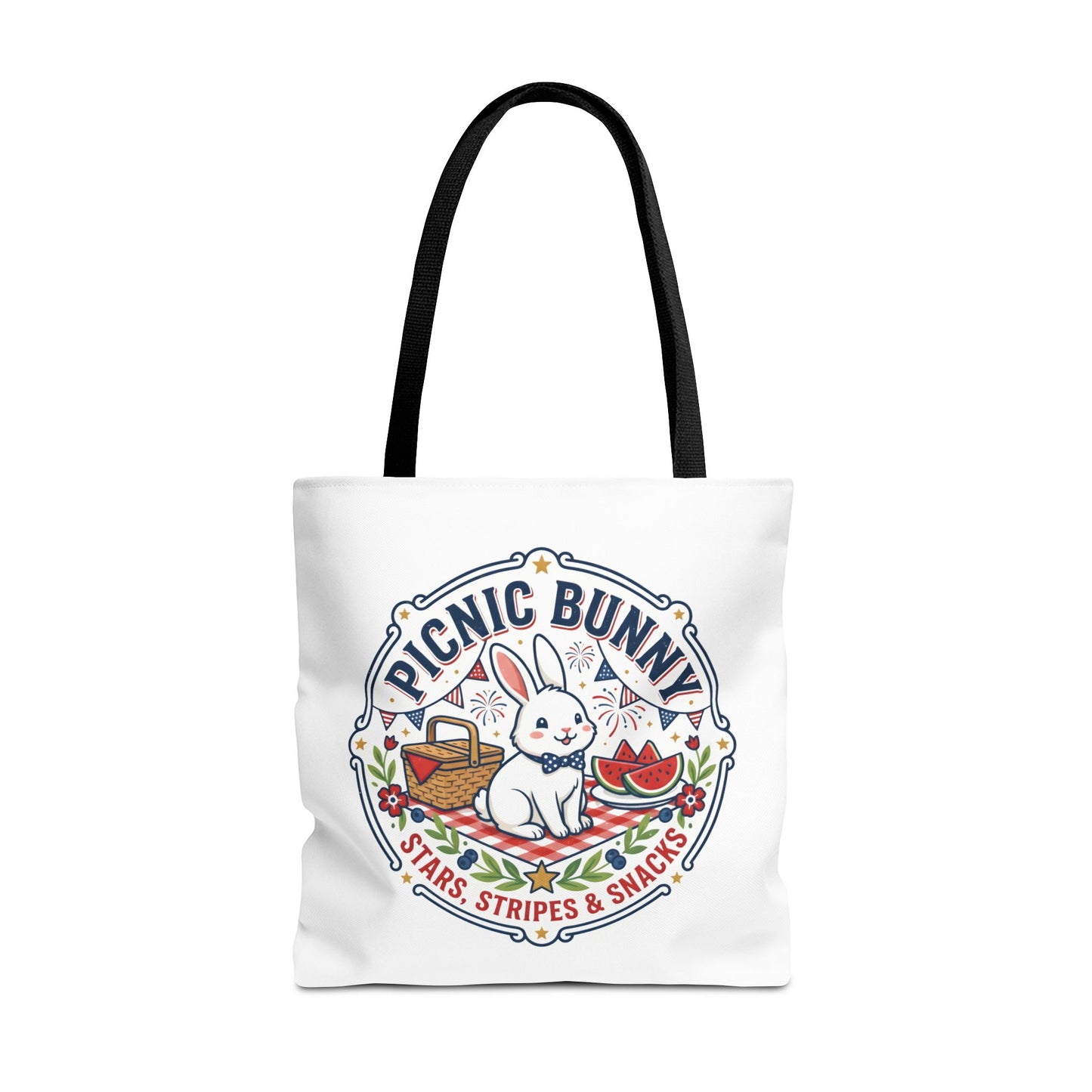 Patriotic Picnic Bunny Tote Bag — ‘Stars, Stripes & Snacks’ Cute Rabbit Picnic Tote, 4th of July Tote