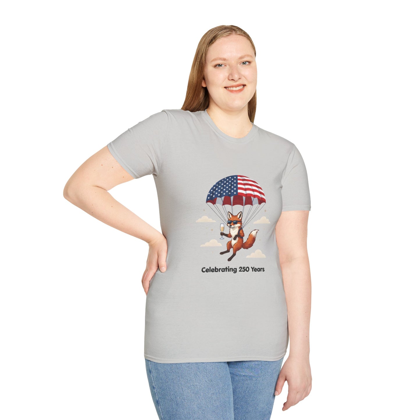 Patriotic Fox Parachute T-Shirt — "Celebrating 250 Years" Anniversary Tee
