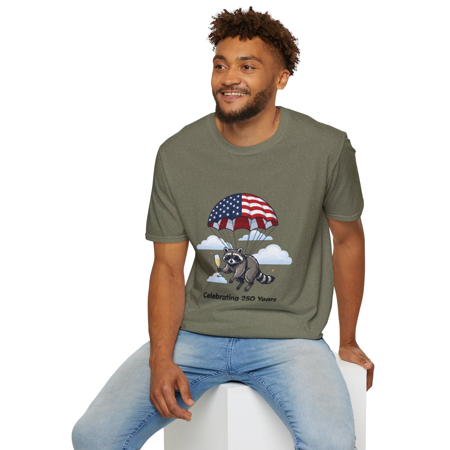 Patriotic Parachuting Raccoon T-Shirt — "Celebrating 250 Years"