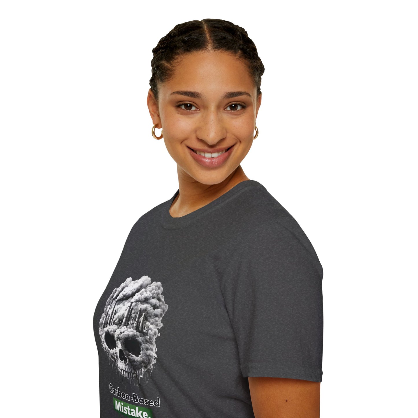 Carbon-Based Mistake Skull T-Shirt — Dark Humor Graphic Tee for Earth Day