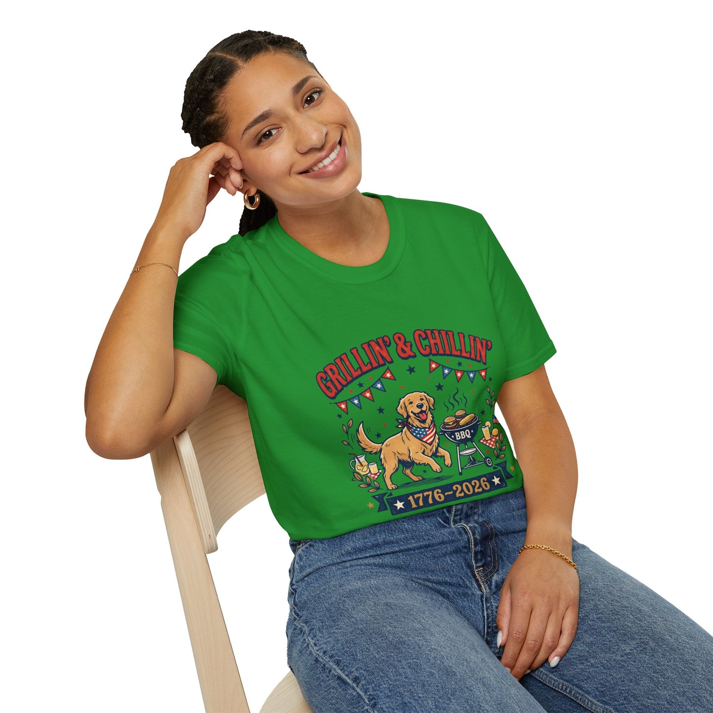 Grillin' & Chillin' BBQ Dog T-Shirt — 1776-2026 Patriotic Summer Tee, 4th of July Shirt, Independence Day Tee