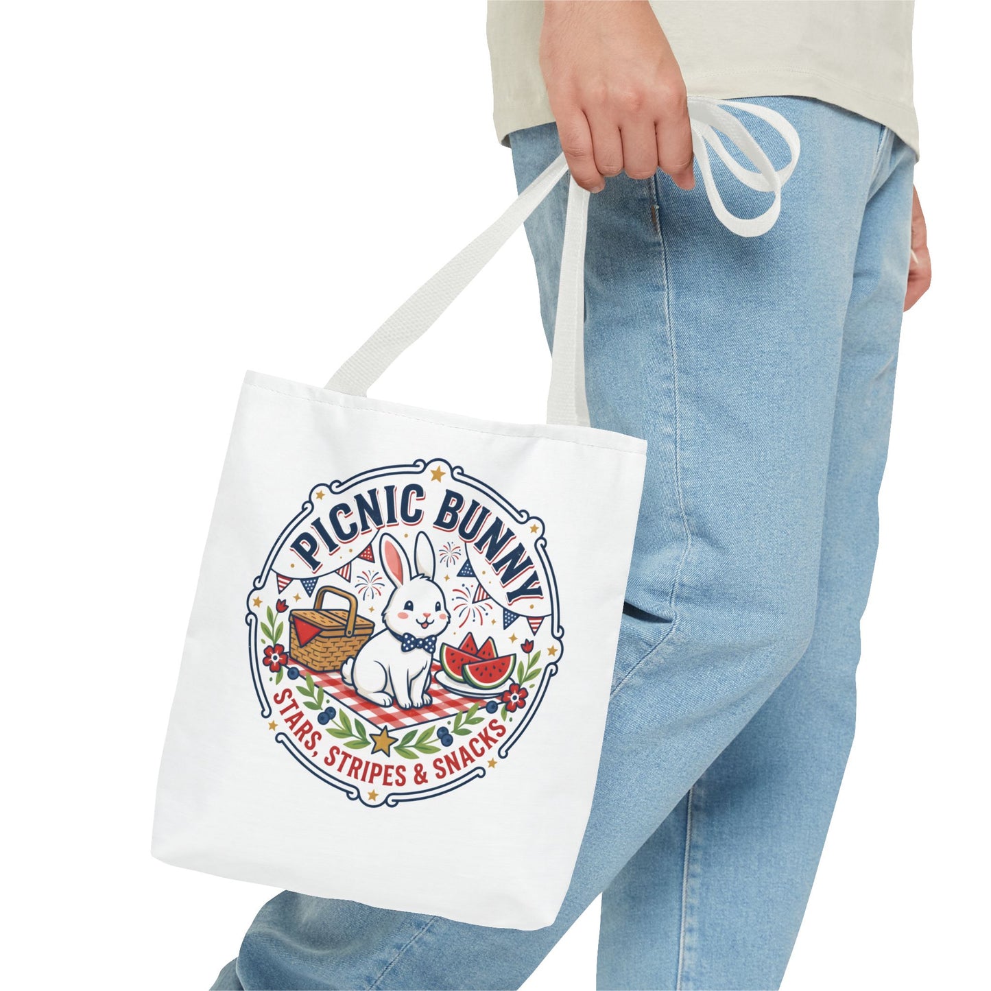 Patriotic Picnic Bunny Tote Bag — ‘Stars, Stripes & Snacks’ Cute Rabbit Picnic Tote, 4th of July Tote