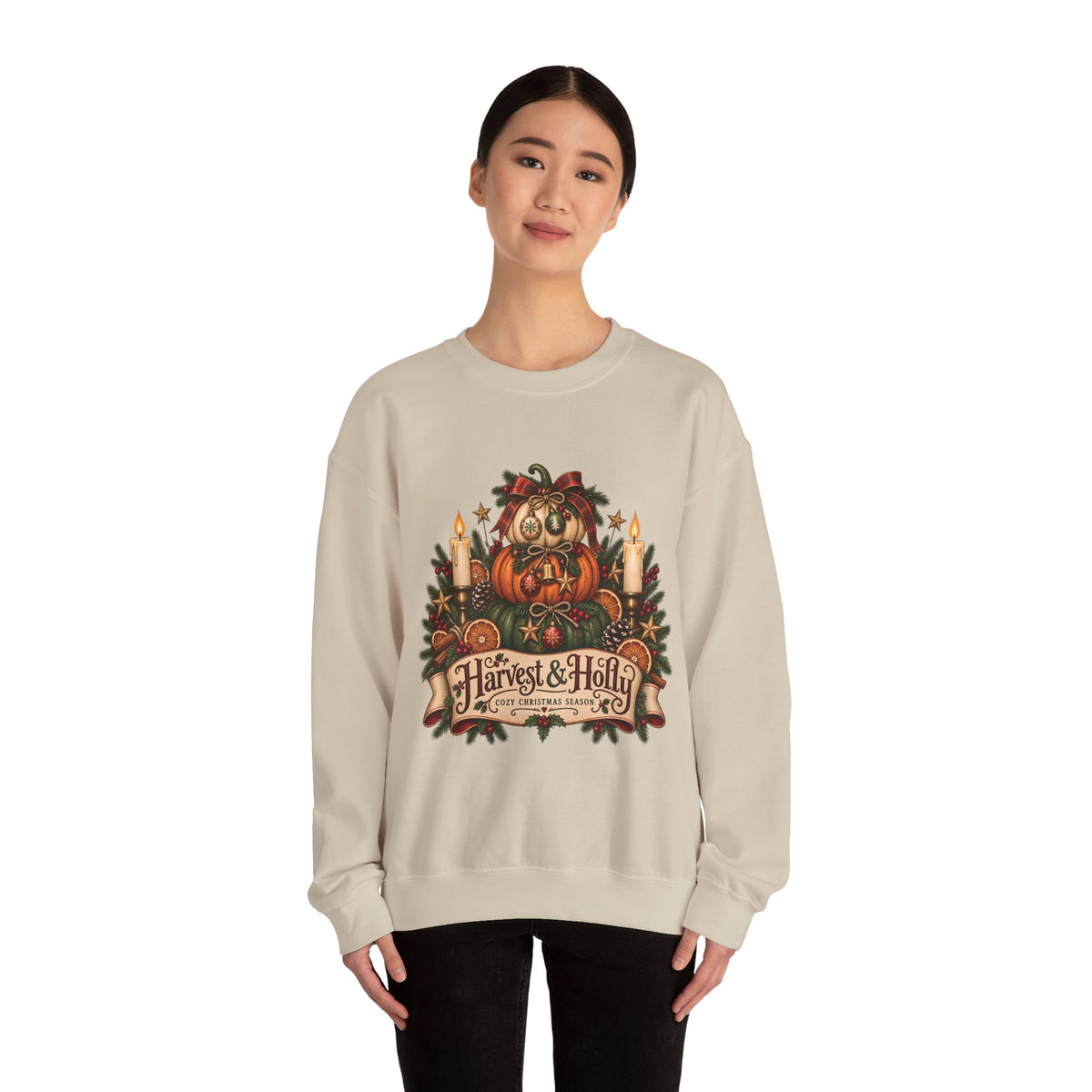 Harvest & Holly Crewneck Sweatshirt — Vintage Pumpkin Fall Graphic Sweatshirt
