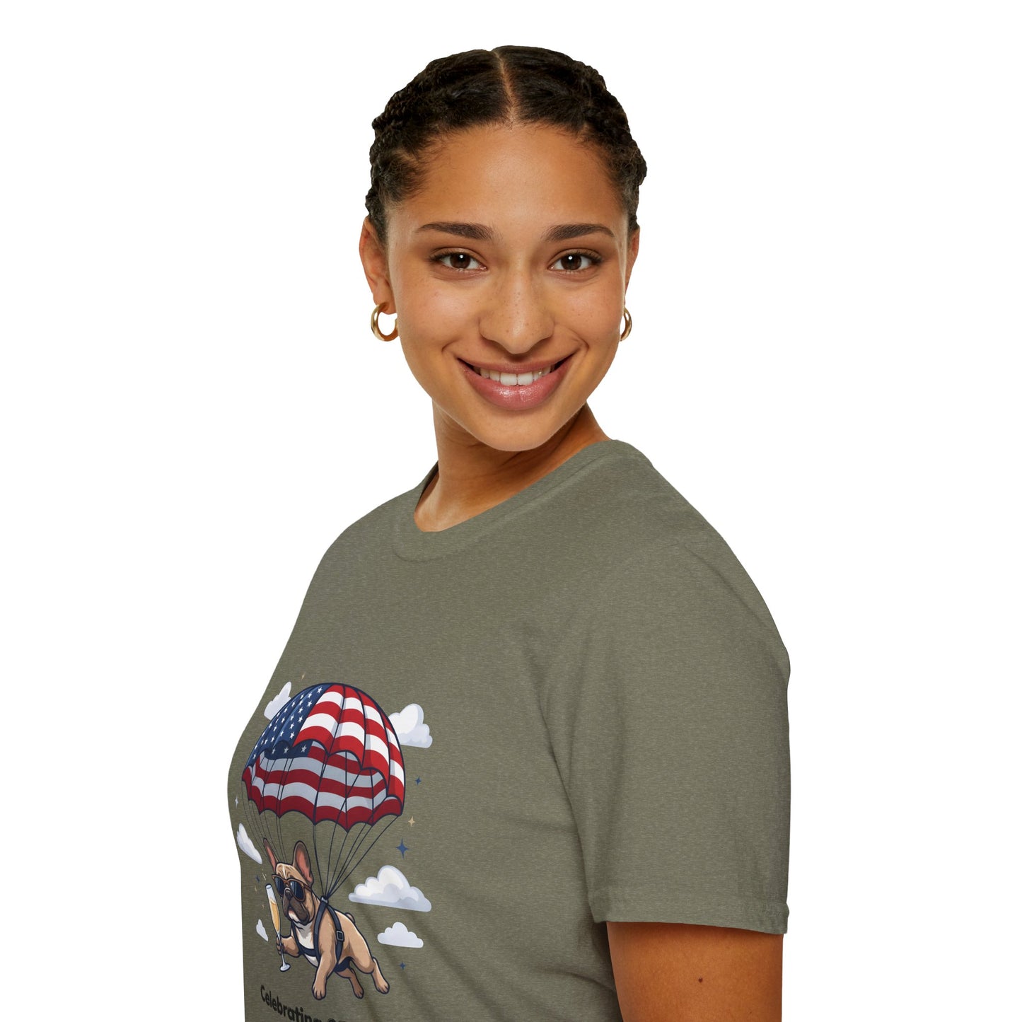 Patriotic French Bulldog T-Shirt — "Celebrating 250 Years" Parachute Design