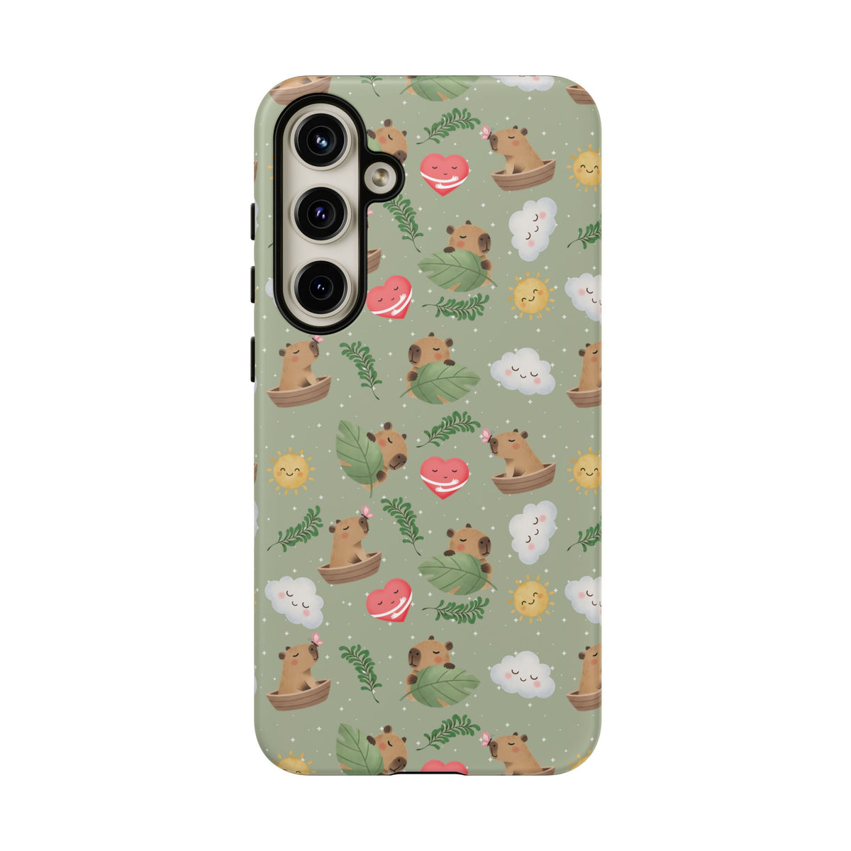 Cute Capybara Pattern Phone Case — Green Botanical Tough Case