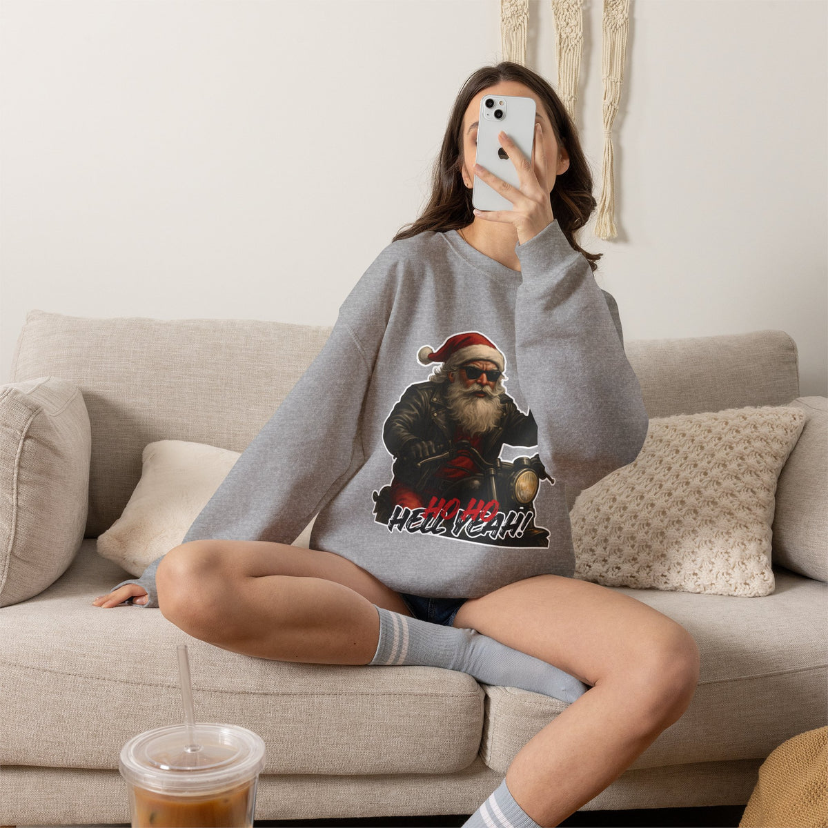 Santa Biker Crewneck Sweatshirt – 'Ho Ho Hell Yeah' Christmas Motorcycle Pullover