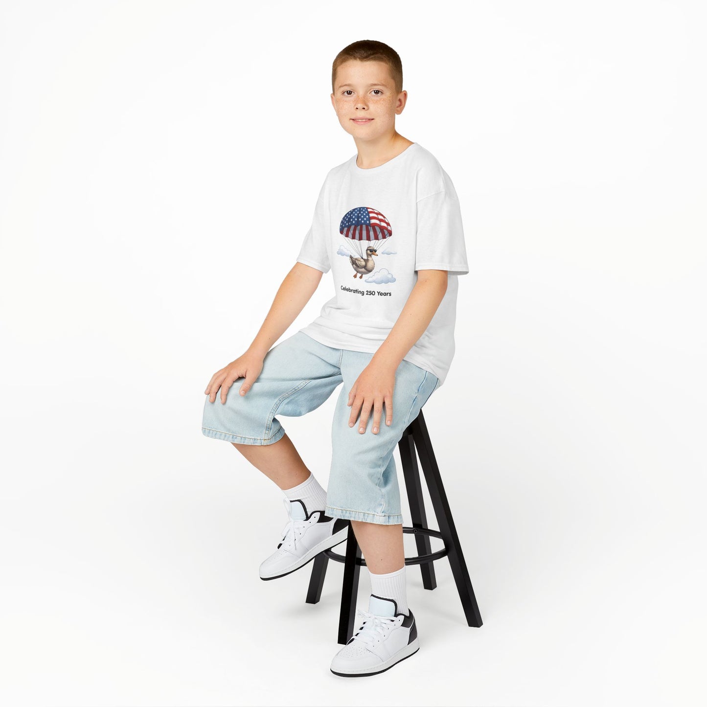 Kids Tee — Parachuting Duck, "Celebrating 250 Years"