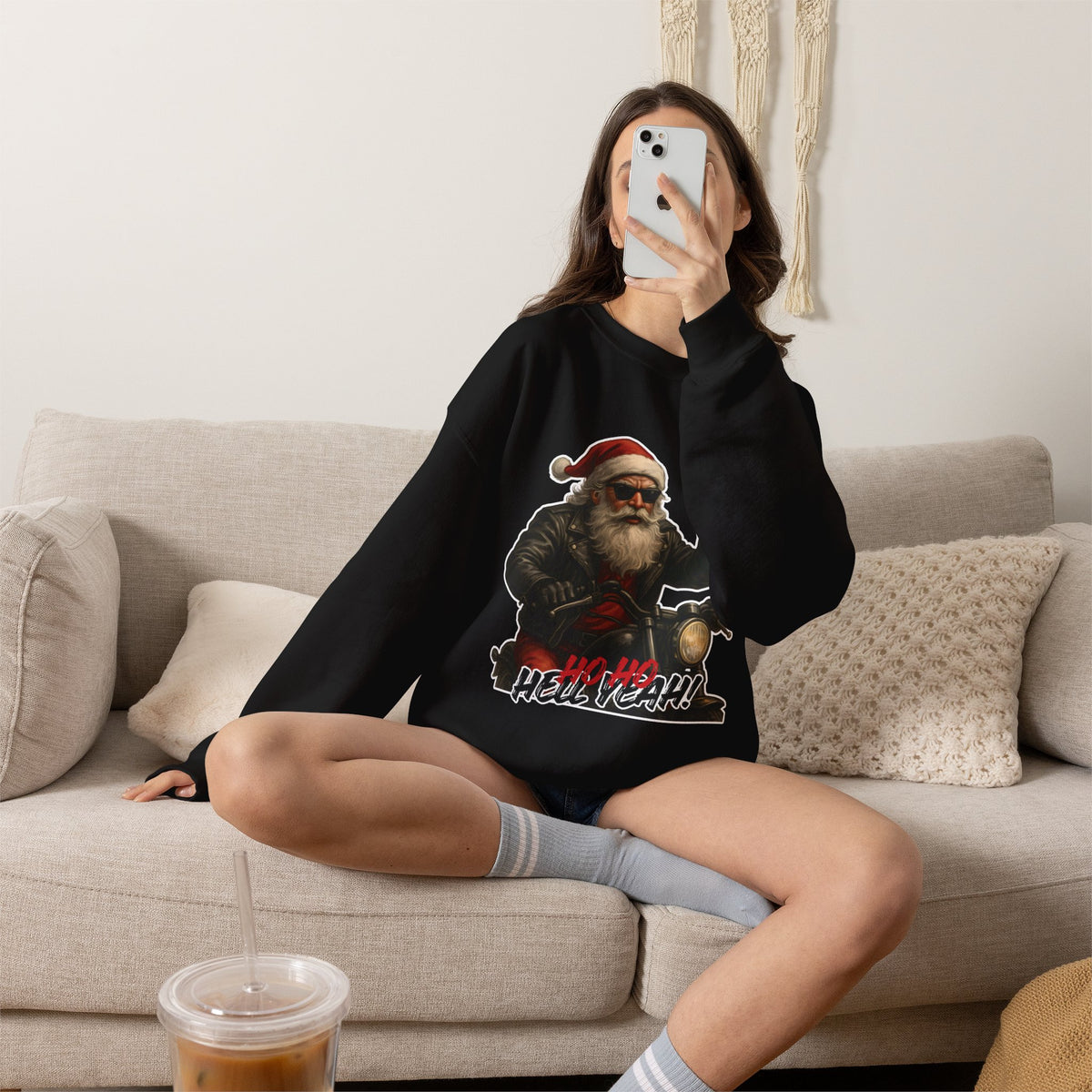 Santa Biker Crewneck Sweatshirt – 'Ho Ho Hell Yeah' Christmas Motorcycle Pullover