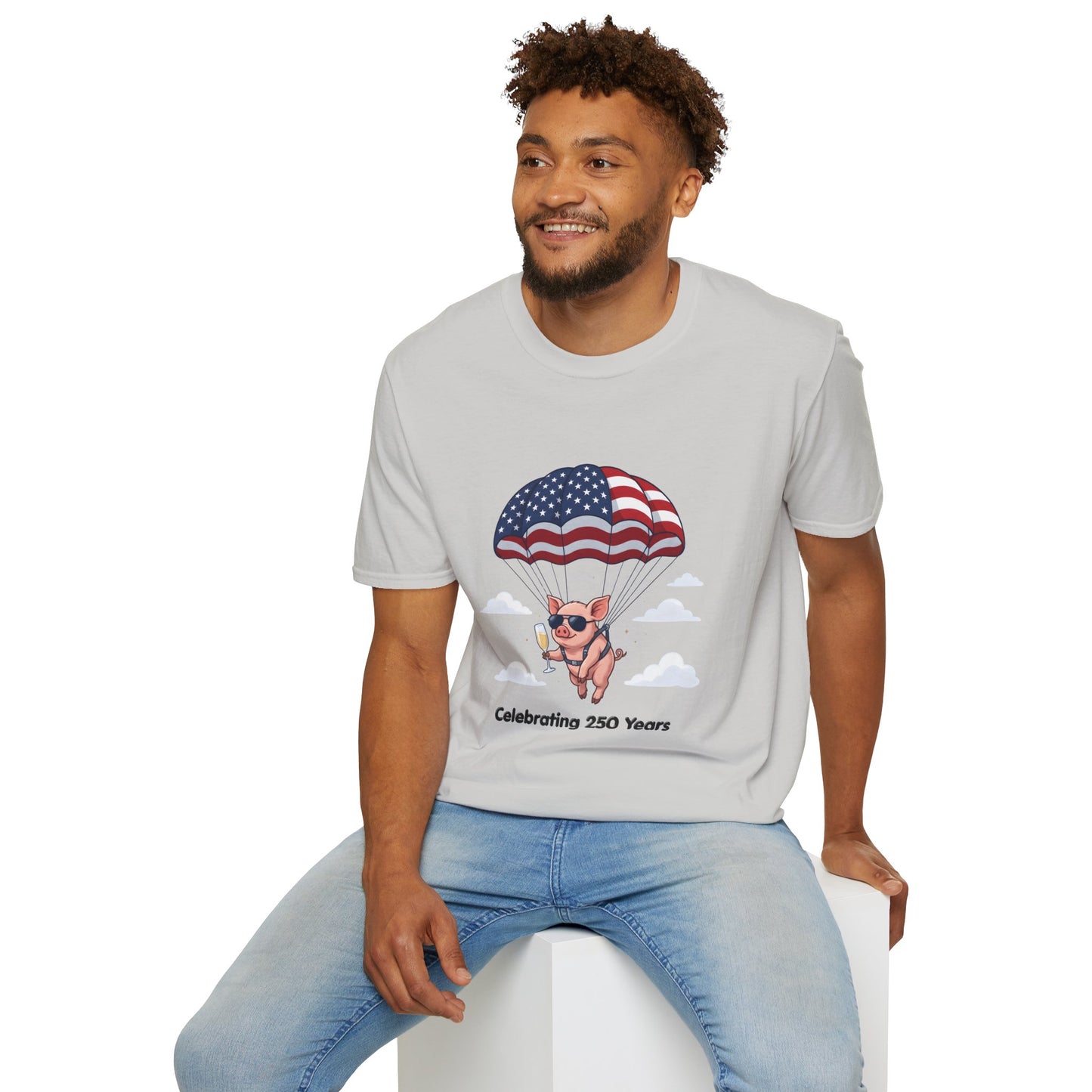 Patriotic Parachuting Piglet T-shirt - “Celebrating 250 Years”