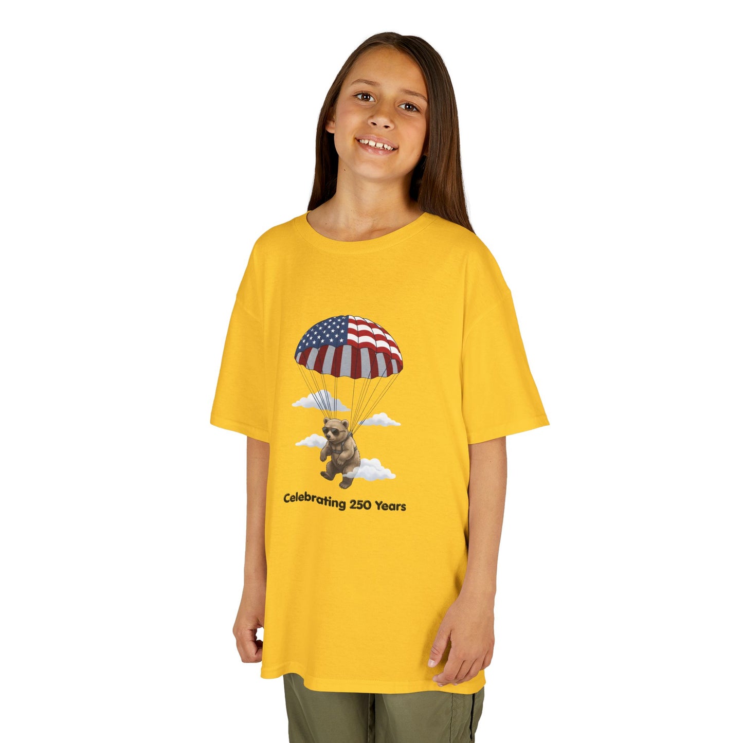 Kids Tee — Patriotic Parachute Bear "Celebrating 250 Years"