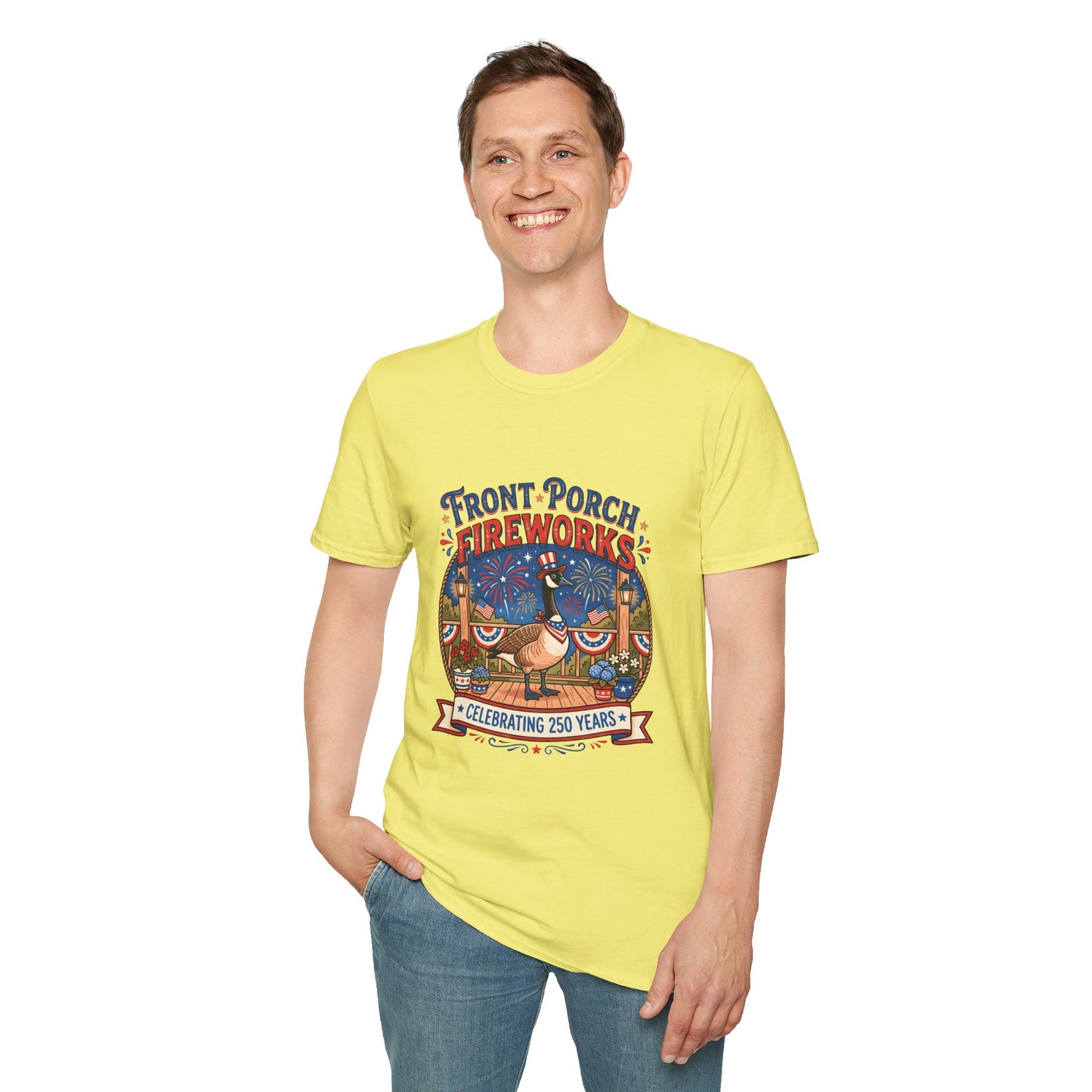 Front Porch Fireworks, Goose T-Shirt — Patriotic 4th of July Celebration Tee