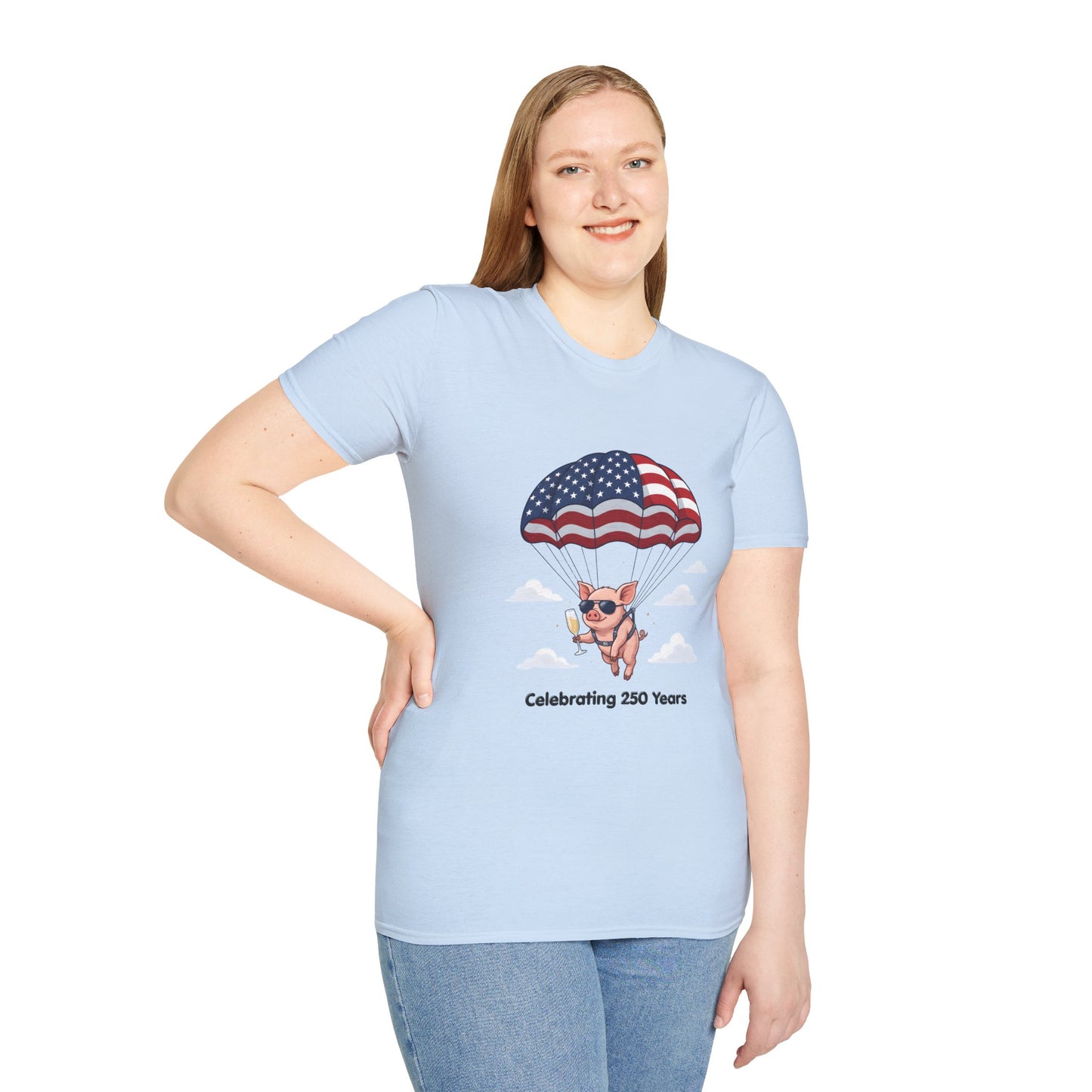 Patriotic Parachuting Piglet T-shirt - “Celebrating 250 Years”