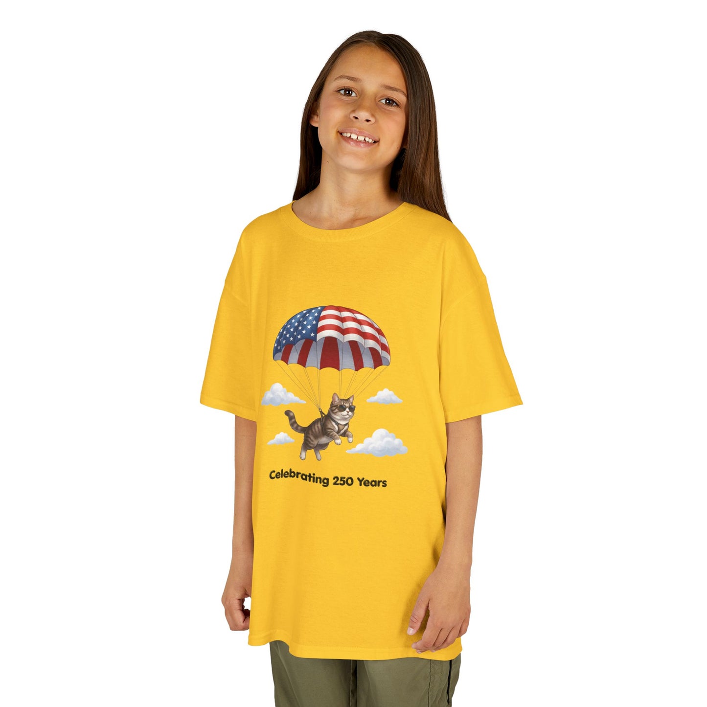 Kids Patriotic Parachuting Cat Tee — "Celebrating 250 Years"