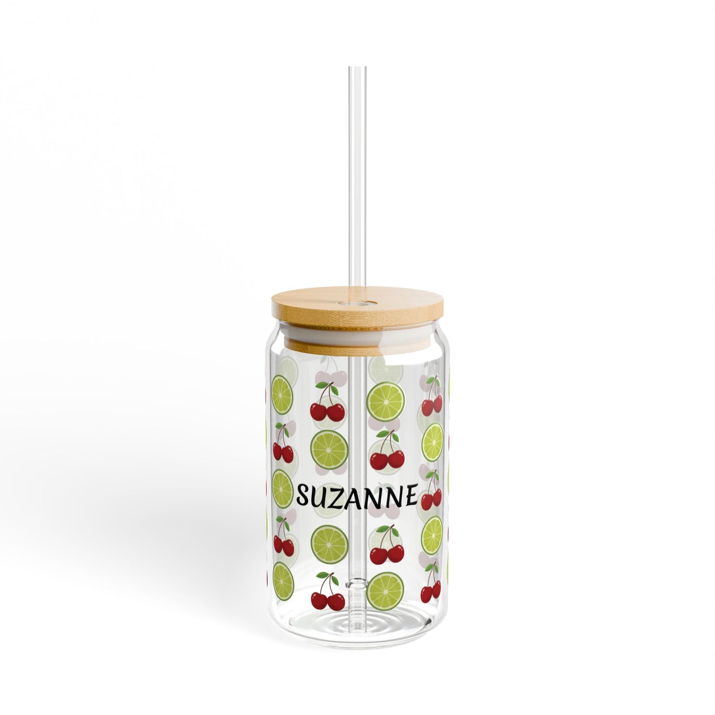 Personalized Cherry Lime Sipper Glass — 16oz Fruit Patterned Straw Cup, Custom Name Tumbler