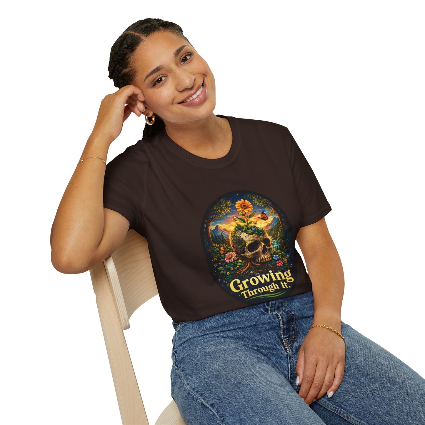 Growing Through It T-Shirt – Earth Day Nature Skull Graphic Tee | Mental Growth & Healing Shirt | Botanical Aesthetic Unisex Tee