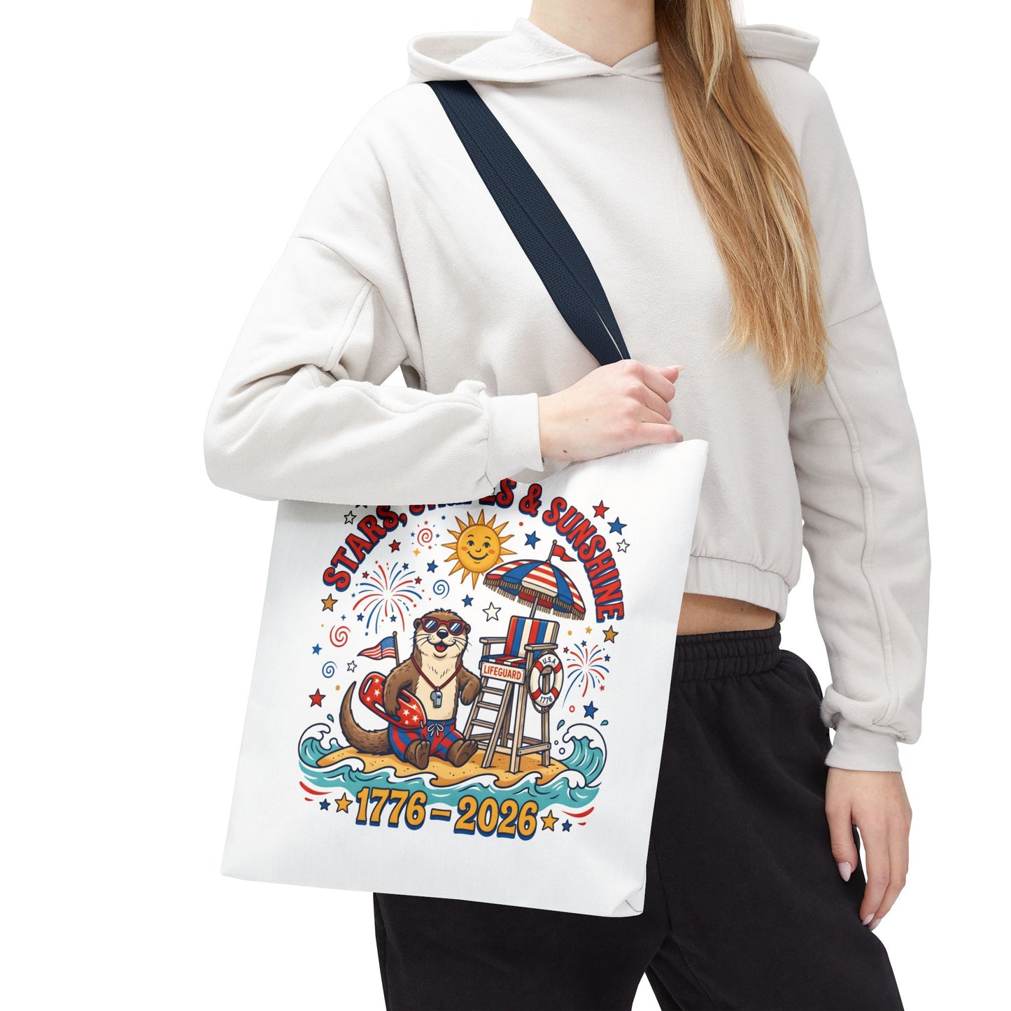 Stars, Stripes & Sunshine Tote Bag — 1776–2026 Patriotic Summer Beach Tote, 4th of July Tote