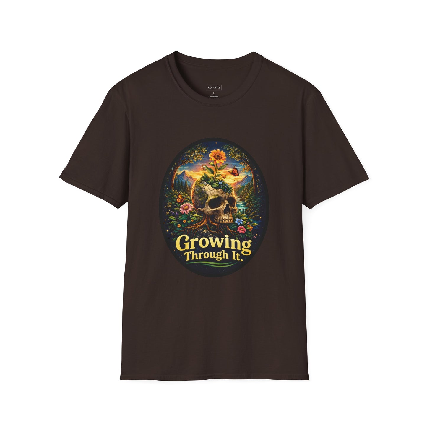 Growing Through It T-Shirt – Earth Day Nature Skull Graphic Tee | Mental Growth & Healing Shirt | Botanical Aesthetic Unisex Tee