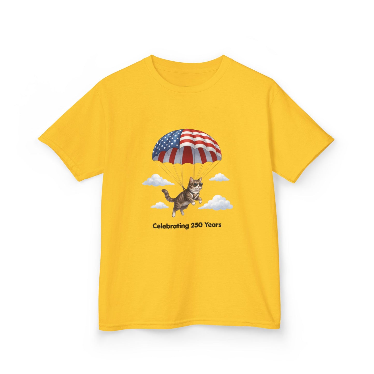 Kids Patriotic Parachuting Cat Tee — "Celebrating 250 Years"