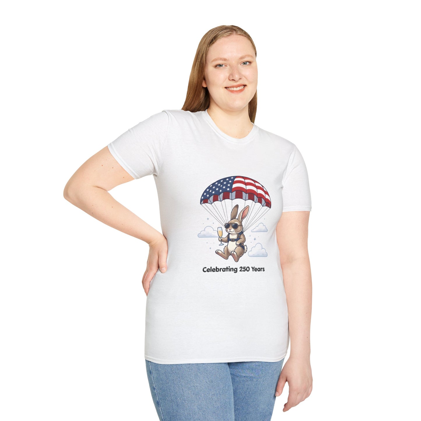 Patriotic Parachuting Bunny T-Shirt — "Celebrating 250 Years"