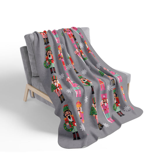 Nutcracker Pattern Fleece Sherpa Blanket — Cozy Gray Holiday Throw with Nutcracker Design
