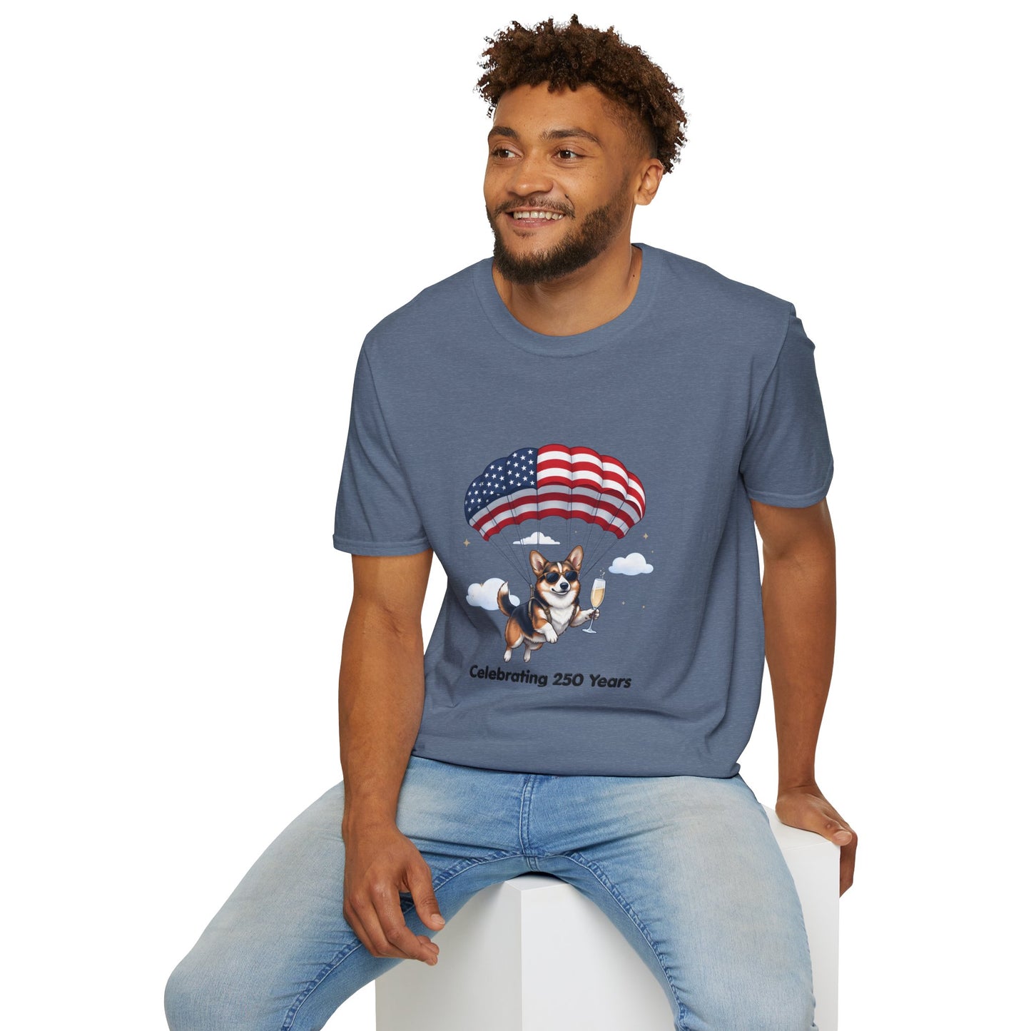 Corgi Parachute American Flag T-Shirt — "Celebrating 250 Years" Patriotic Tee