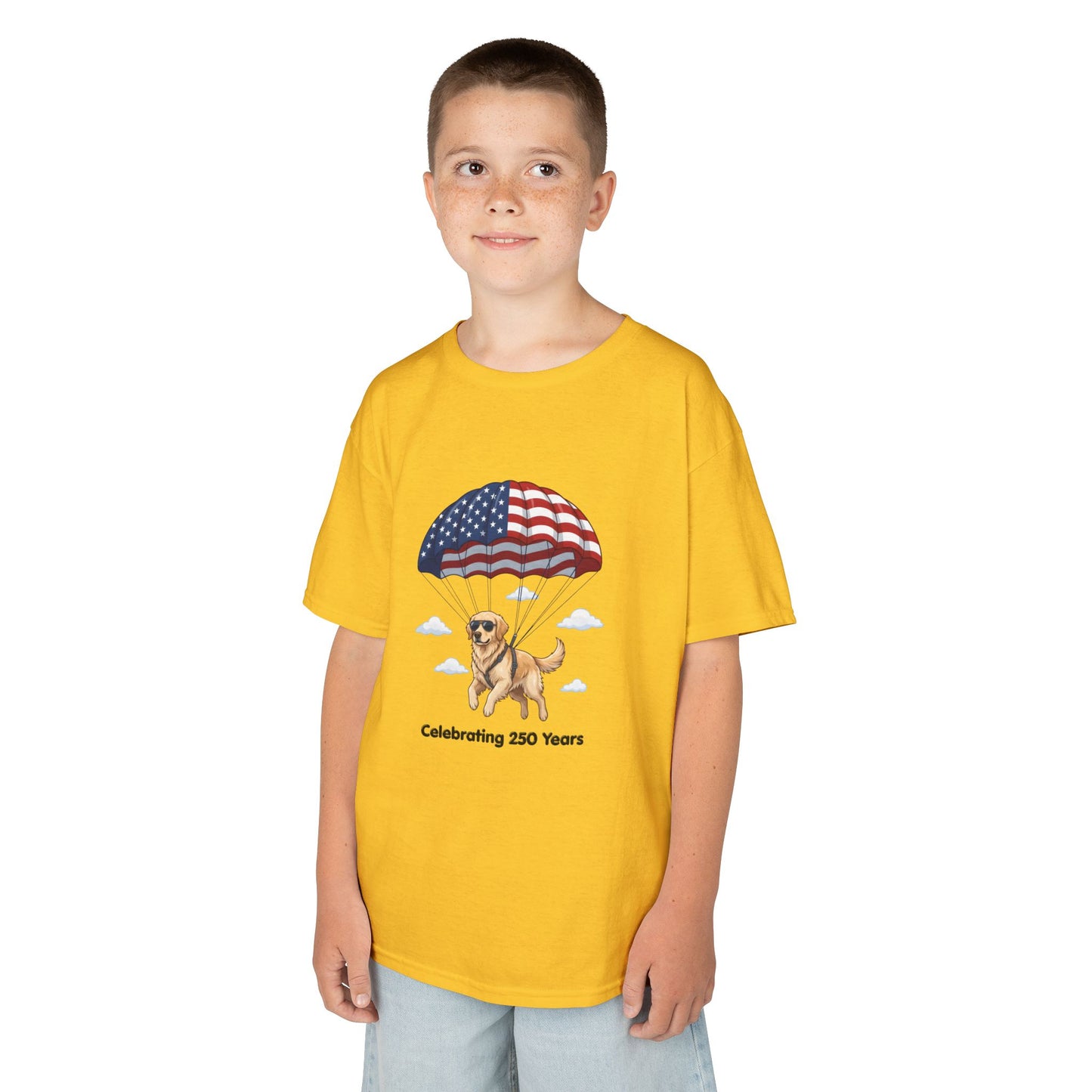 Kids Tee — Dog with Parachute, "Celebrating 250 Years" (Patriotic Fourth of July)