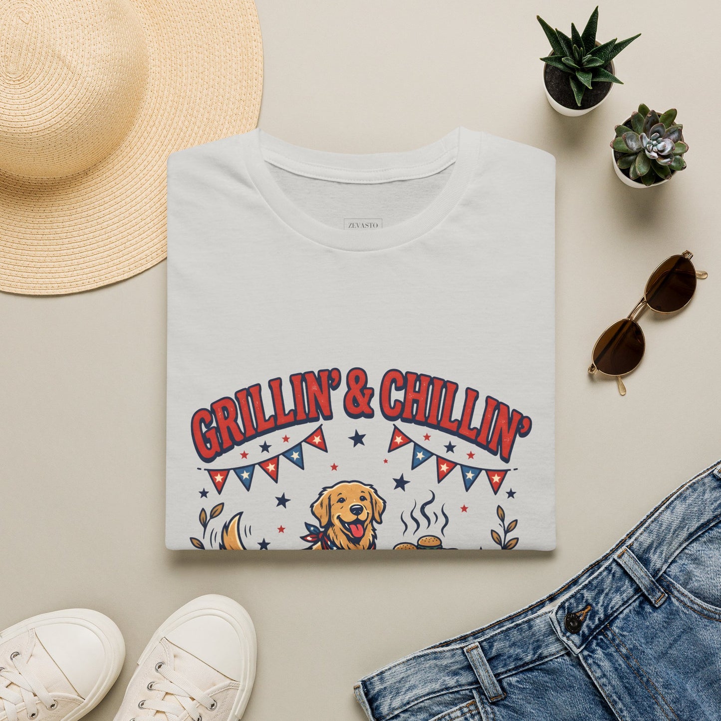 Grillin' & Chillin' BBQ Dog T-Shirt — 1776-2026 Patriotic Summer Tee, 4th of July Shirt, Independence Day Tee