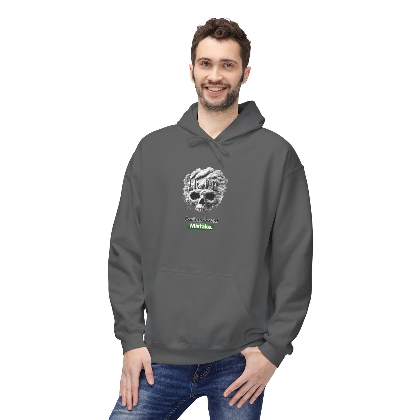 Unisex Hoodie — “Carbon-Based Mistake” Graphic Pullover, Gift for Earth Day, Sarcastic Hoodie