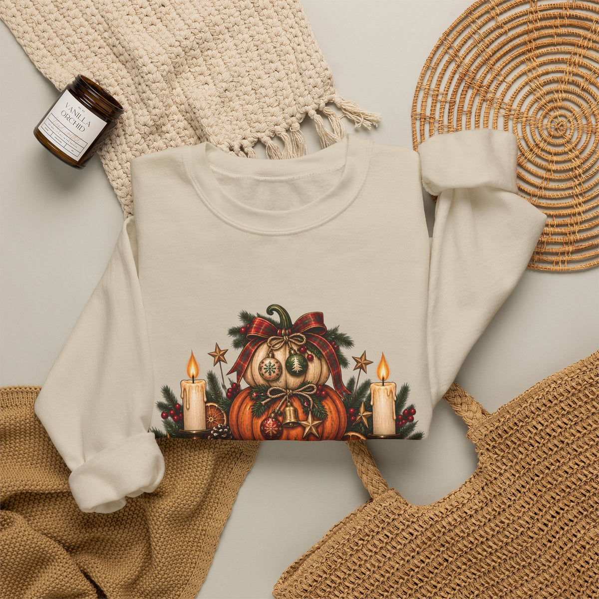 Harvest & Holly Crewneck Sweatshirt — Vintage Pumpkin Fall Graphic Sweatshirt