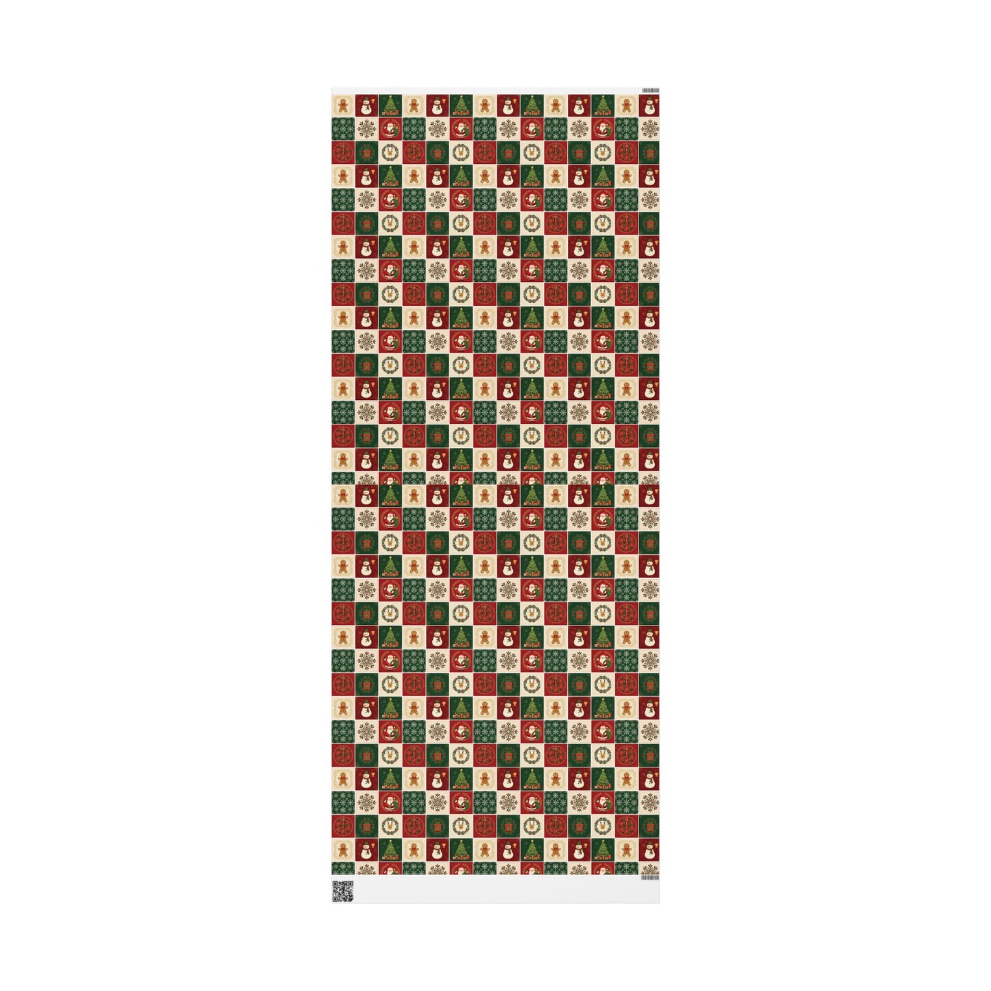 Christmas Patchwork Wrapping Paper Roll — Holiday Gift Wrap with Gingerbread, Snowman & Reindeer