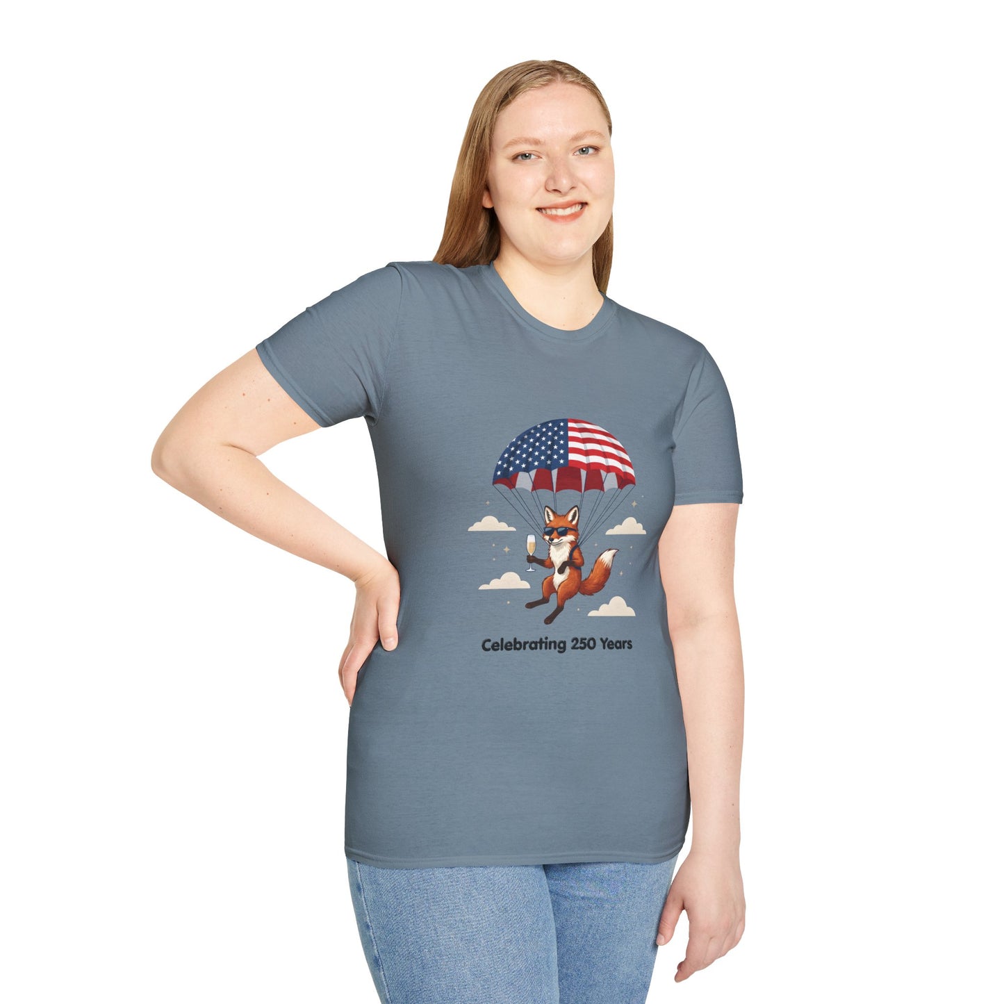 Patriotic Fox Parachute T-Shirt — "Celebrating 250 Years" Anniversary Tee