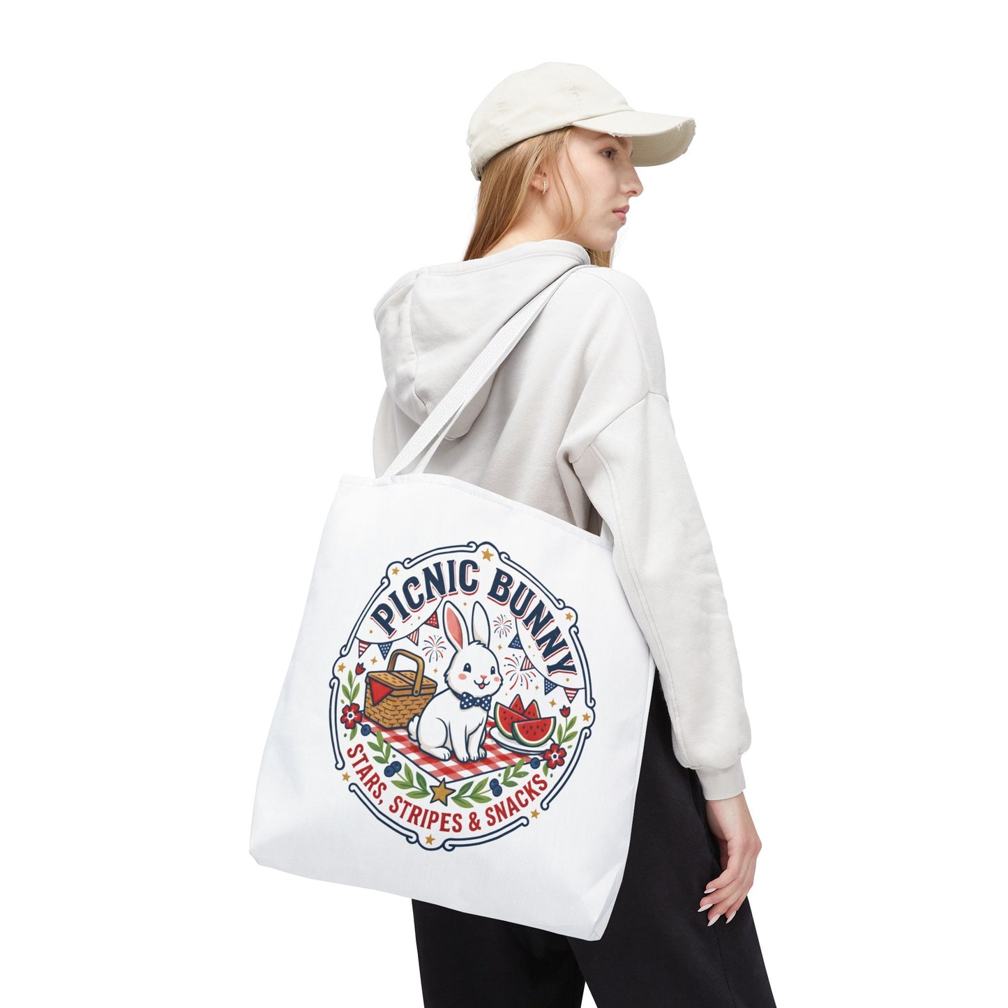 Patriotic Picnic Bunny Tote Bag — ‘Stars, Stripes & Snacks’ Cute Rabbit Picnic Tote, 4th of July Tote