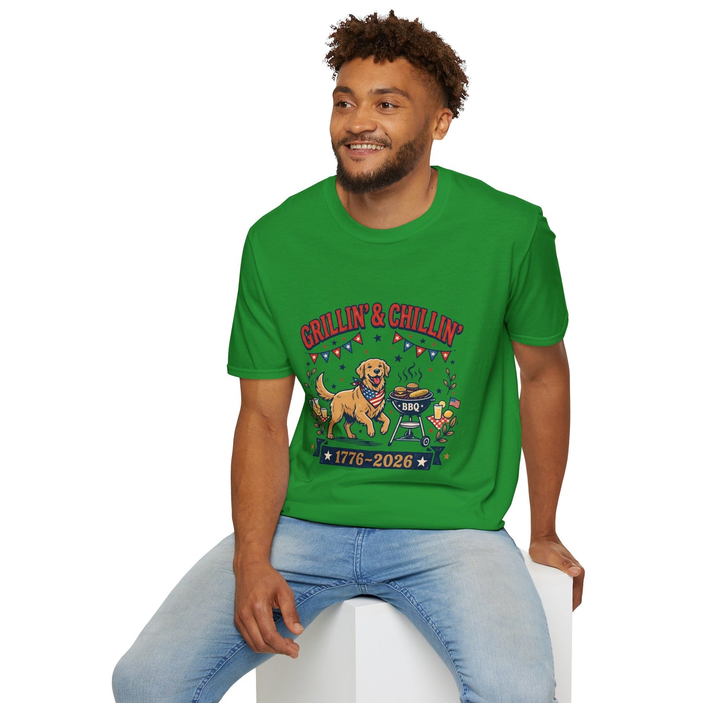 Grillin' & Chillin' BBQ Dog T-Shirt — 1776-2026 Patriotic Summer Tee, 4th of July Shirt, Independence Day Tee