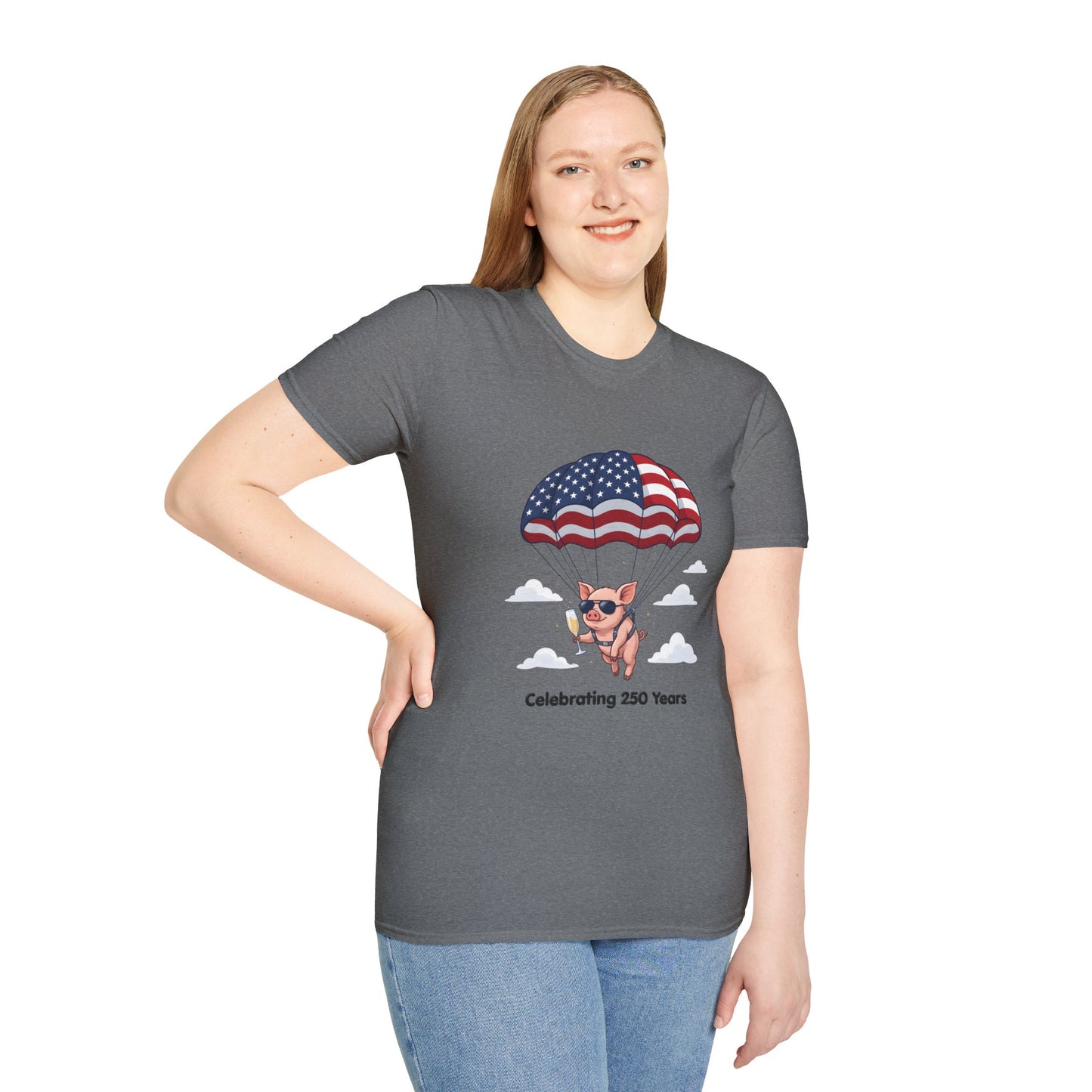 Patriotic Parachuting Piglet T-shirt - “Celebrating 250 Years”