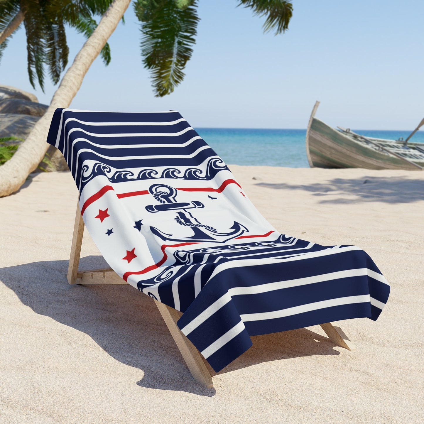 Nautical Anchor Stripe Beach Towel — Red, White & Navy Summer Pool Towel