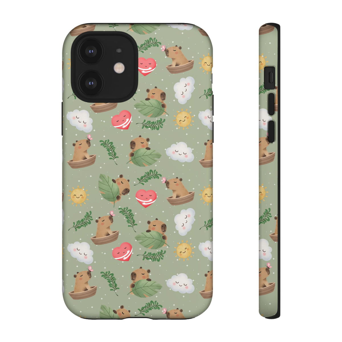 Cute Capybara Pattern Phone Case — Green Botanical Tough Case