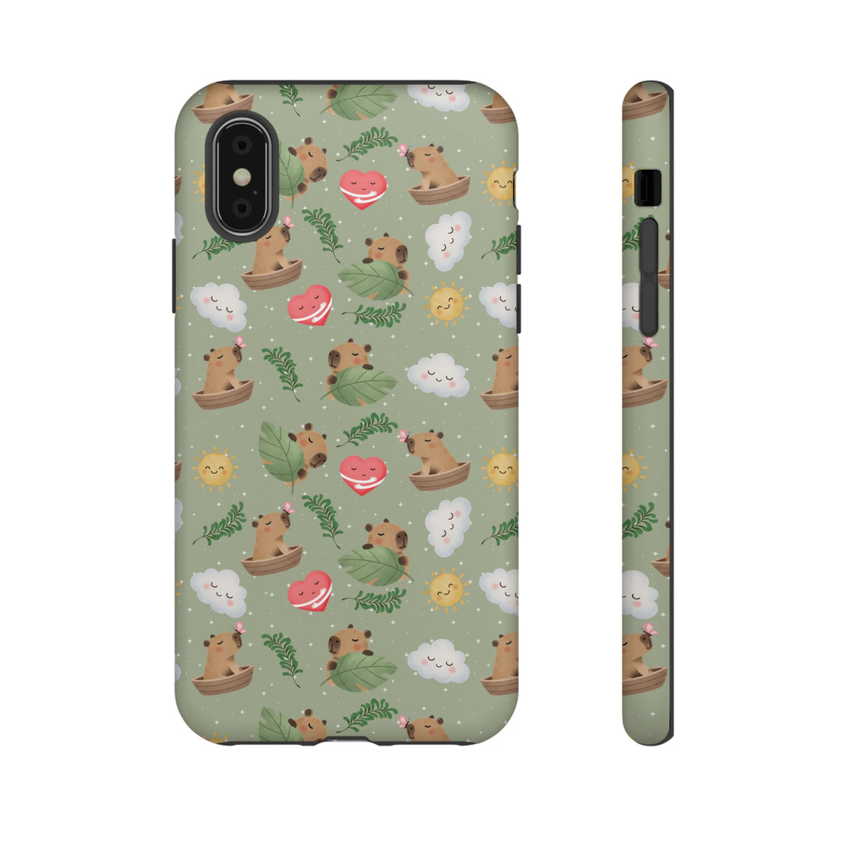 Cute Capybara Pattern Phone Case — Green Botanical Tough Case