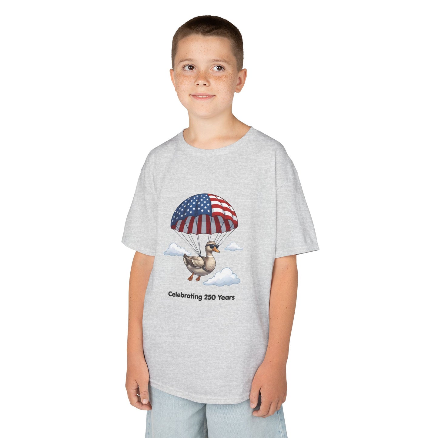 Kids Tee — Parachuting Duck, "Celebrating 250 Years"