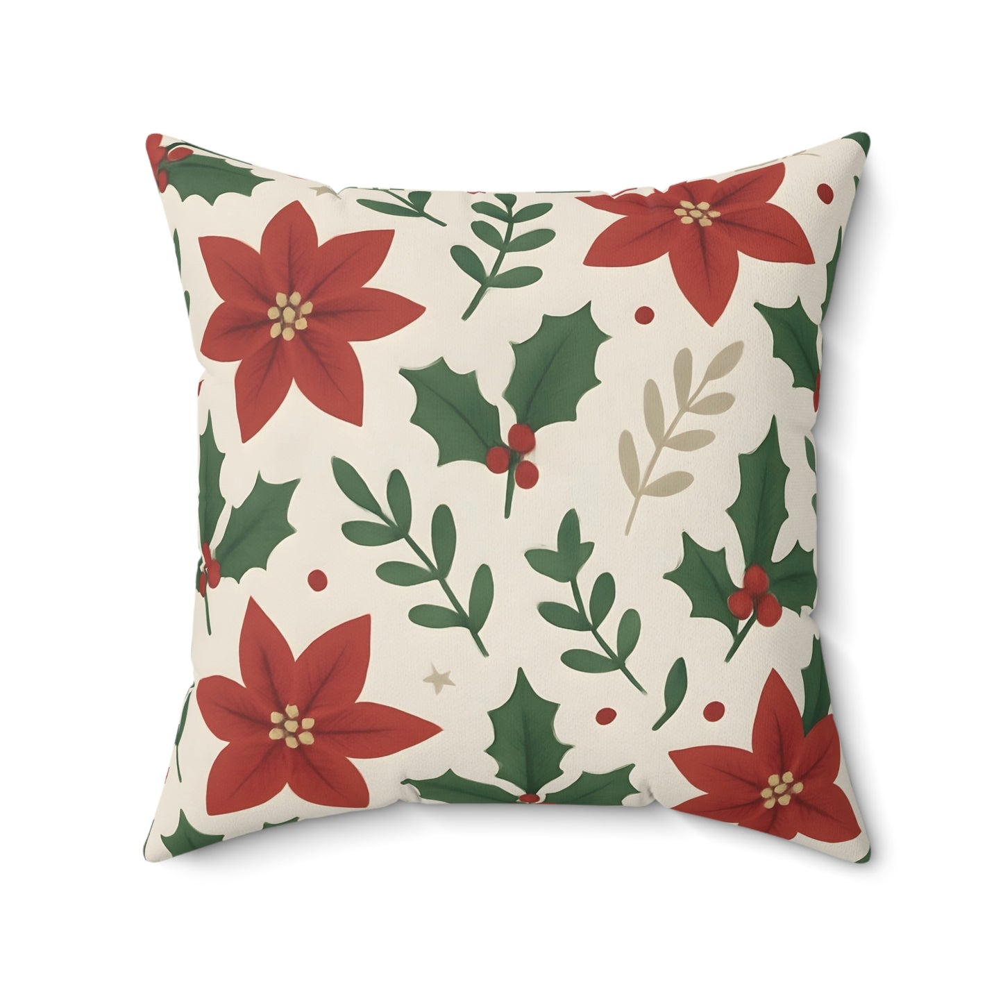 Poinsettia and Holly Leaves Holiday Throw Pillow - Festive Christmas Floral Decorative Cushion