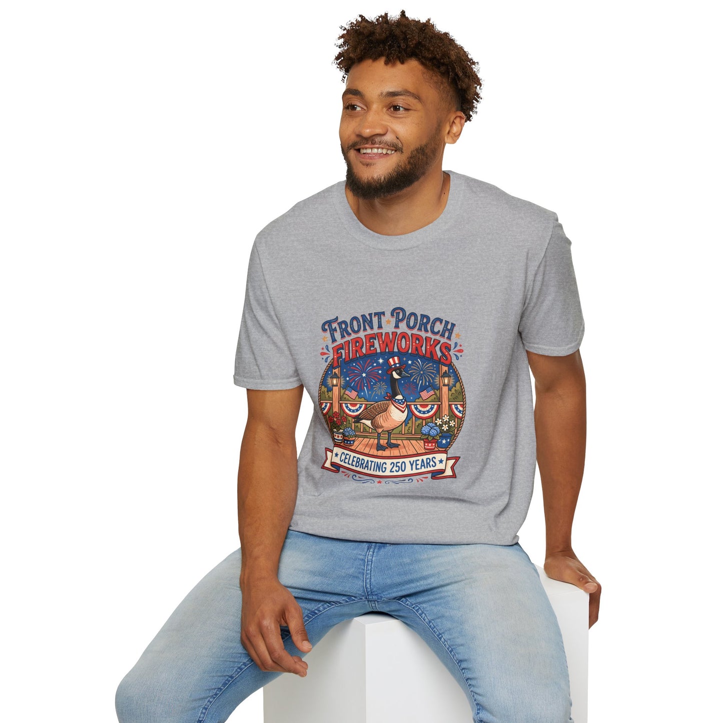Front Porch Fireworks, Goose T-Shirt — Patriotic 4th of July Celebration Tee