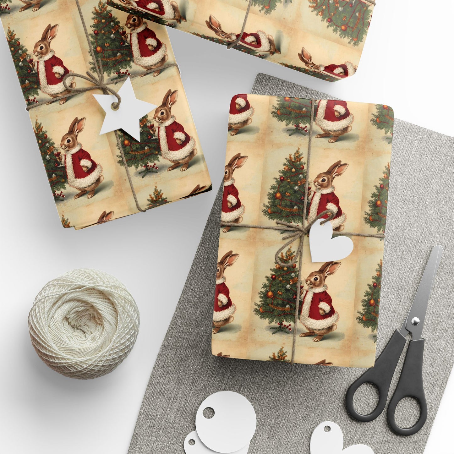 Vintage Christmas Wrapping Paper Roll - Vintage Holiday Gift Wrap with Bunny Design