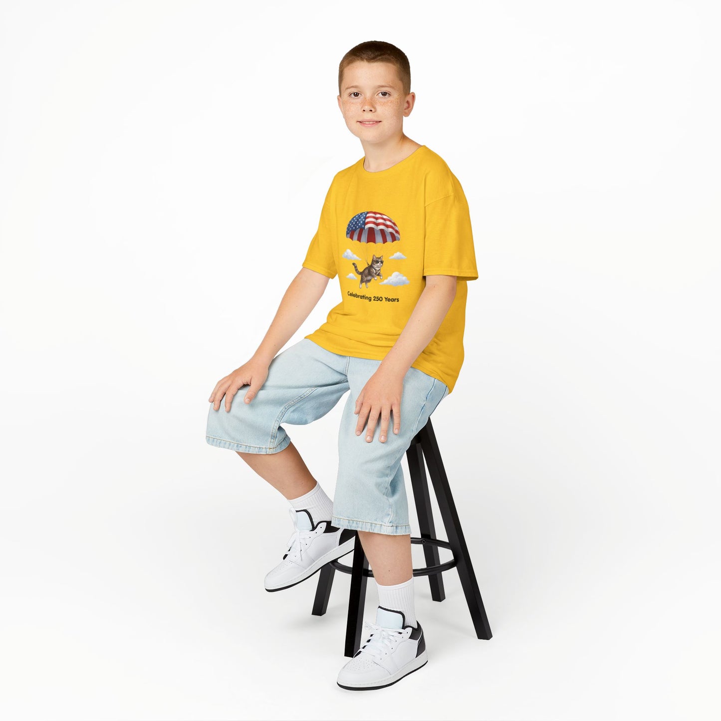 Kids Patriotic Parachuting Cat Tee — "Celebrating 250 Years"
